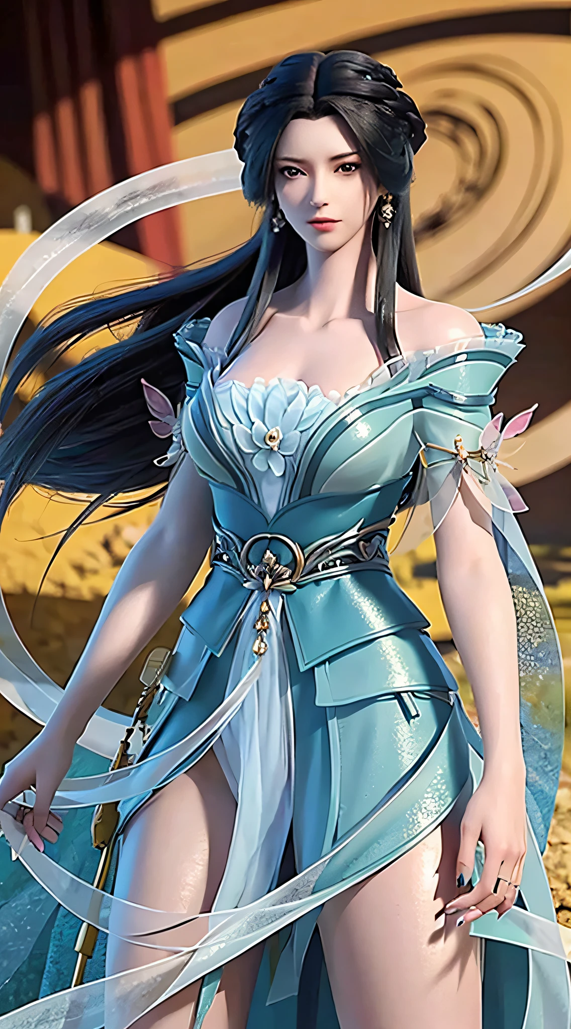 masterpiece,best quality,1girl, black hair, bare shoulders, long hair, dress,cowboy shot, dynamic pose, dynamic angle,