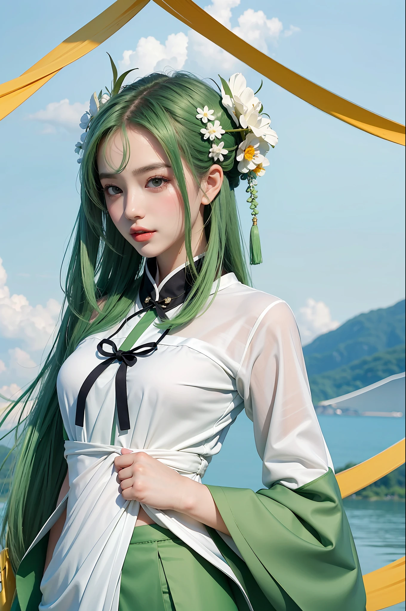 Best picture quality, masterpiece level, super high resolution, Dragon Boat Festival theme, 1 girl, zongzi anthropomorphic, zongzi decoration, refreshing background, green hair beautiful girl, white skin.