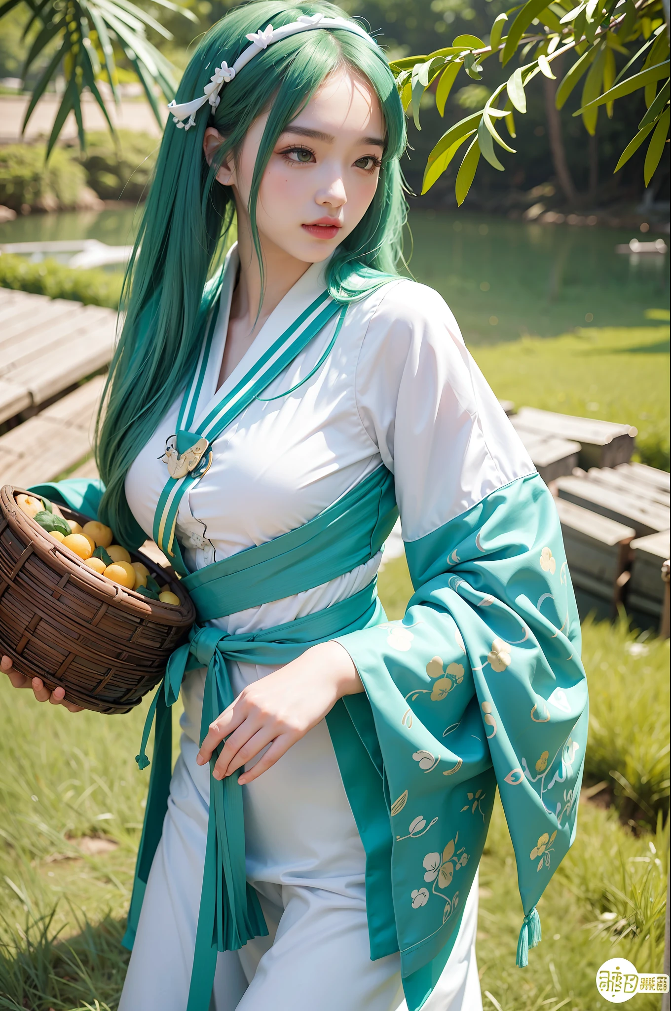 Best picture quality, masterpiece level, super high resolution, Dragon Boat Festival theme, 1 girl, zongzi anthropomorphic, zongzi decoration, refreshing background, green hair beautiful girl, white skin.