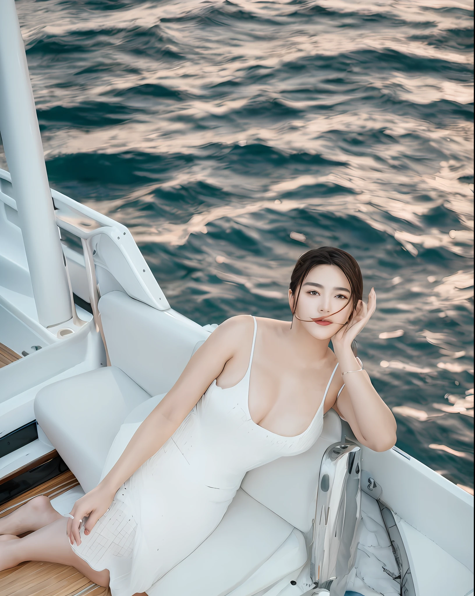 araffe woman in white dress sitting on a boat with her legs crossed, on a boat, song hye - kyo, on the ocean, on the sea, on a boat on a lake, on the ocean water, relaxing on a yacht at sea, bae suzy, real photoshoot queen of oceans, sitting on a wooden dock, stunning elegant pose