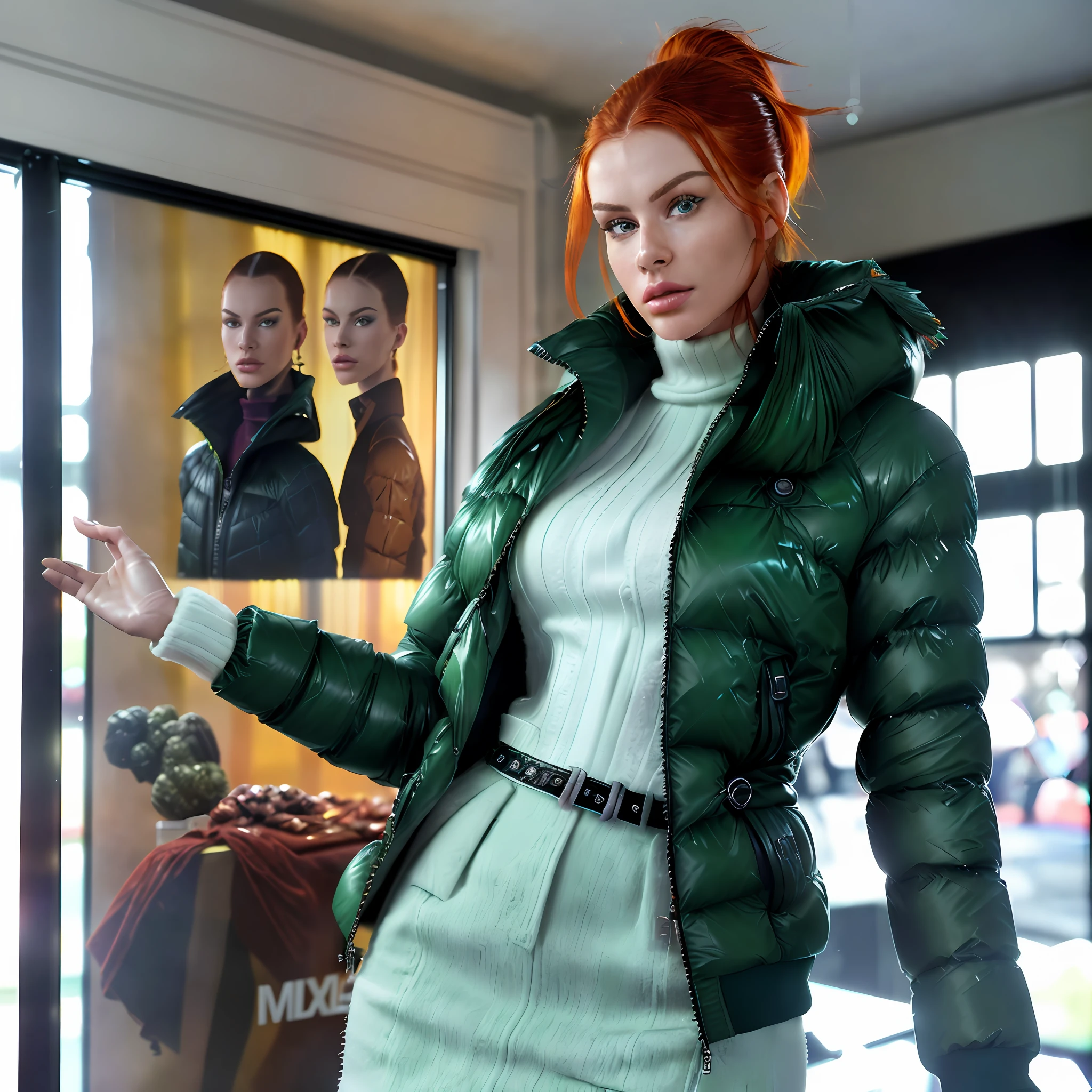 Creates a hyper realis image of a (mannequin-looking full-body mannequin) with perfect Irish Nordic facial features, redhead natural red hair, in a store-looking showcase) (((Balenciaga puffer oversized style jacket: 1.5))) (((vivid color green)), ((posing static in a mannequin-looking, store-window display, better image quality, High Resolution Photography Camera 100mm Lens
