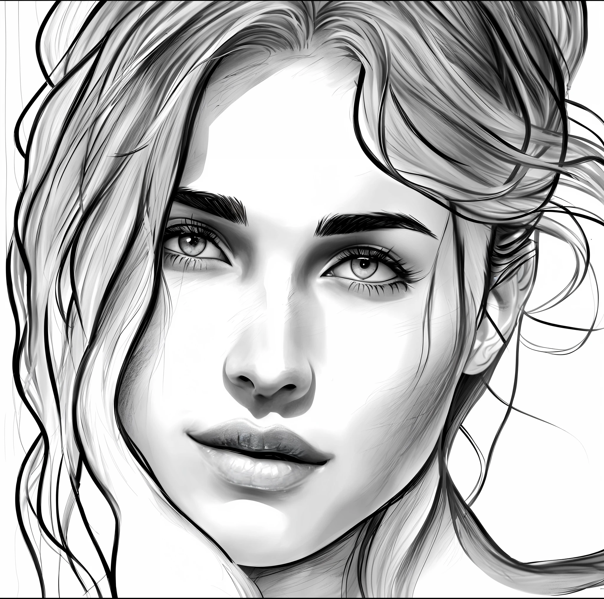 a drawing of a woman with long hair and a big smile, realistic digital drawing, realistic sketch, detailed face portrait, highly detailed portrait, drawn in the style of artgerm, digital pencil painting, realistic detailed face portrait, detailed face ), sketch art, digital drawing, high quality sketch art, black and white sketch, face sketch, hyperrealistic sketch, detailed beauty portrait --auto --s2