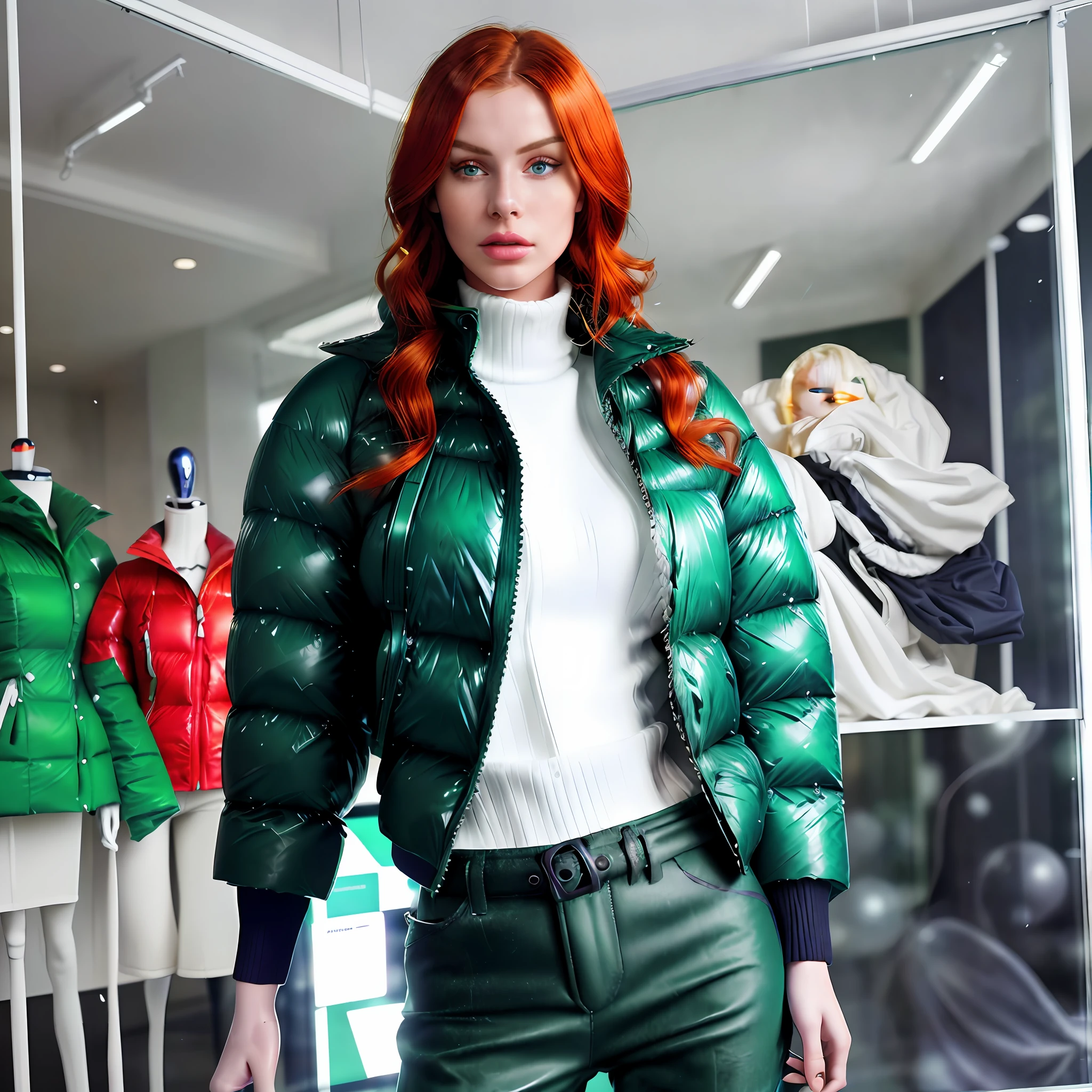 Creates a hyper realis image of a (mannequin-looking full-body mannequin) with perfect Irish Nordic facial features, redhead natural red hair, in a store-looking showcase) (((Balenciaga puffer oversized style jacket: 1.5))) (((vivid color green)), ((posing static in a mannequin-looking, store-window display, better image quality, High Resolution Photography Camera 100mm Lens