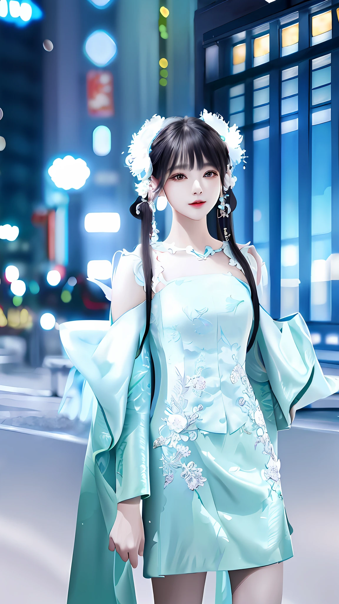 Arapei Asian woman posing for photo in aqua green dress, girl in hanfu, full body fairy, beautiful fantasy queen, white hanfu, inspired by Lan Ying, inspired by Huang Ji, trends on CGSTATION, (((beautiful fantasy queen)), inspired by Qiu Ying, with ancient Chinese clothing, city night view