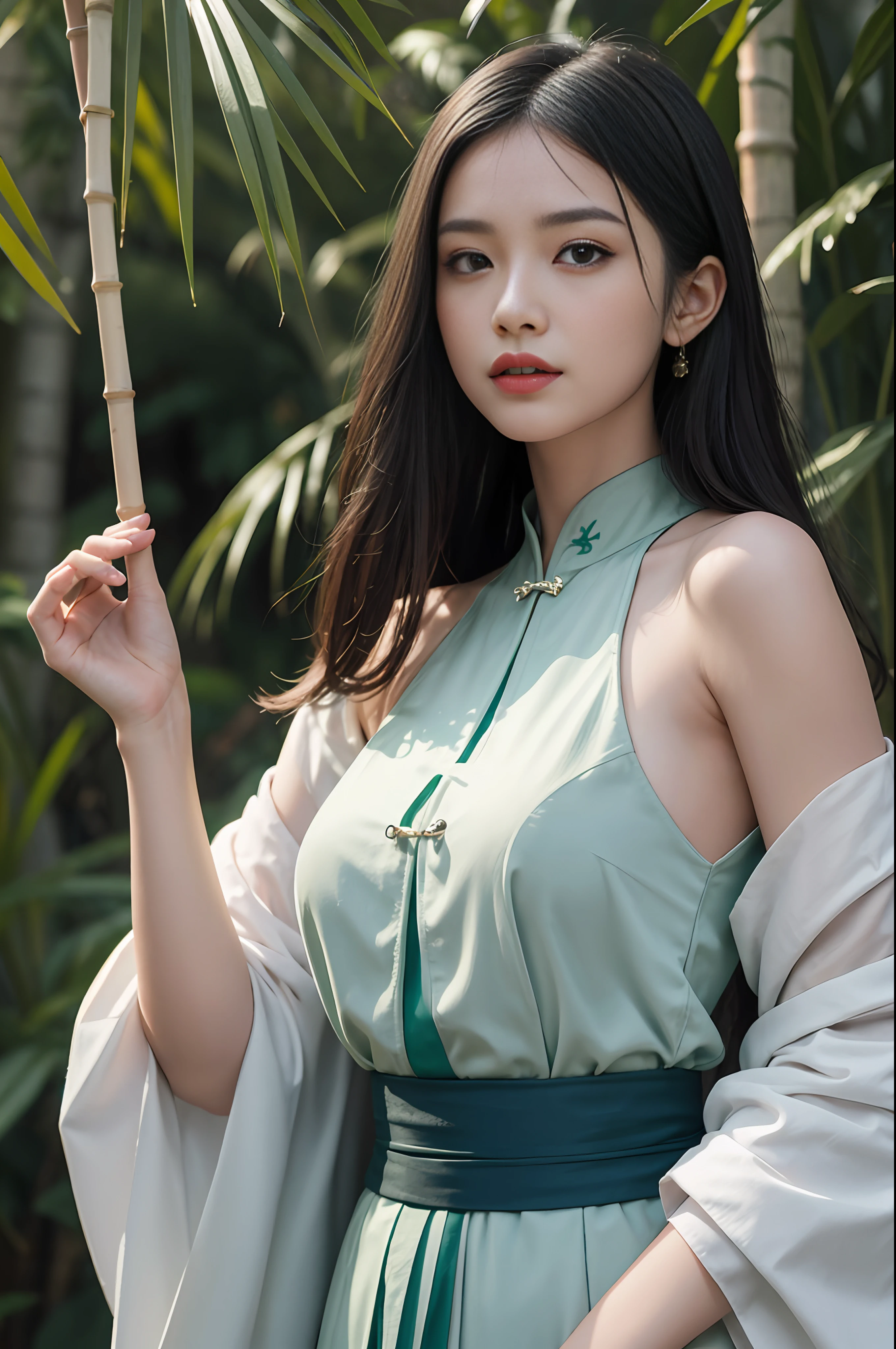 Bestquality,A Masterpiece、,illustration,an extremely deciple and beautiful,extremely detailed,CG,unified,8kwallpaper,Amazing,finelydetail,master,Bestquality,Official Art,extremely detailed CG unity 8k wallpaper,absurdly,Incredibly ridiculous,hugefilesize, Hyperdetailed, Highres, RAWExtremely detailed, Nice detailed girl, Very detailed eyes and face, Beautiful detailed eyes, light on the face,1 girl girl girl,Chinese Tang Dynasty clothes,The right hand is raised to carry the large rice dumplings,Green bamboo leaves falling in the background,Blur bamboo leaves,Dynamic blurred bamboo leaves,1 girl/3 bodies,Posters,whole body photo,flatchest,Palms facing down