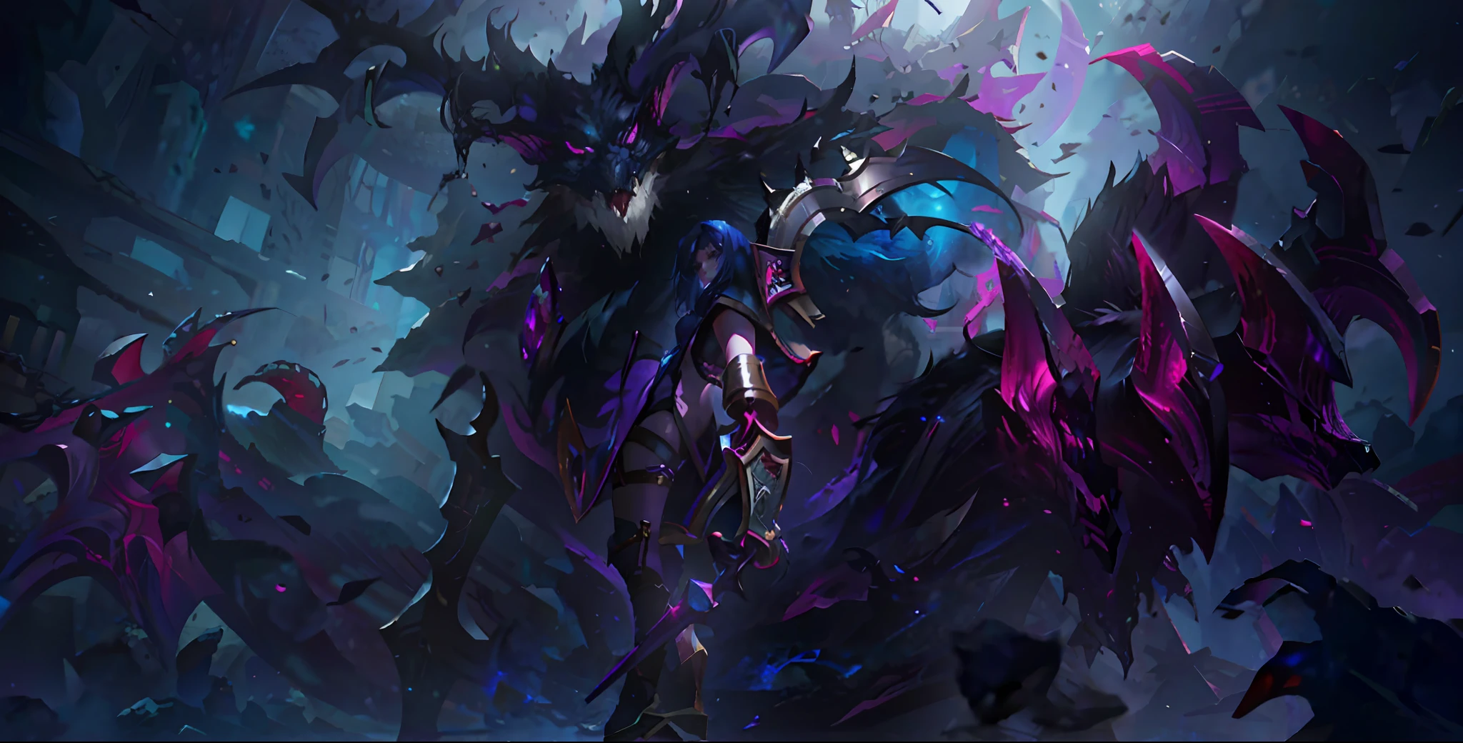 demonic creature with purple hair and a sword in a dark room, league of legends concept art, riot games concept art, league of legends character art, league of legends art, splash art, league of legends character, league of legends splash art, league of legends style art, league of legends art style, iconic character splash art, from league of legends