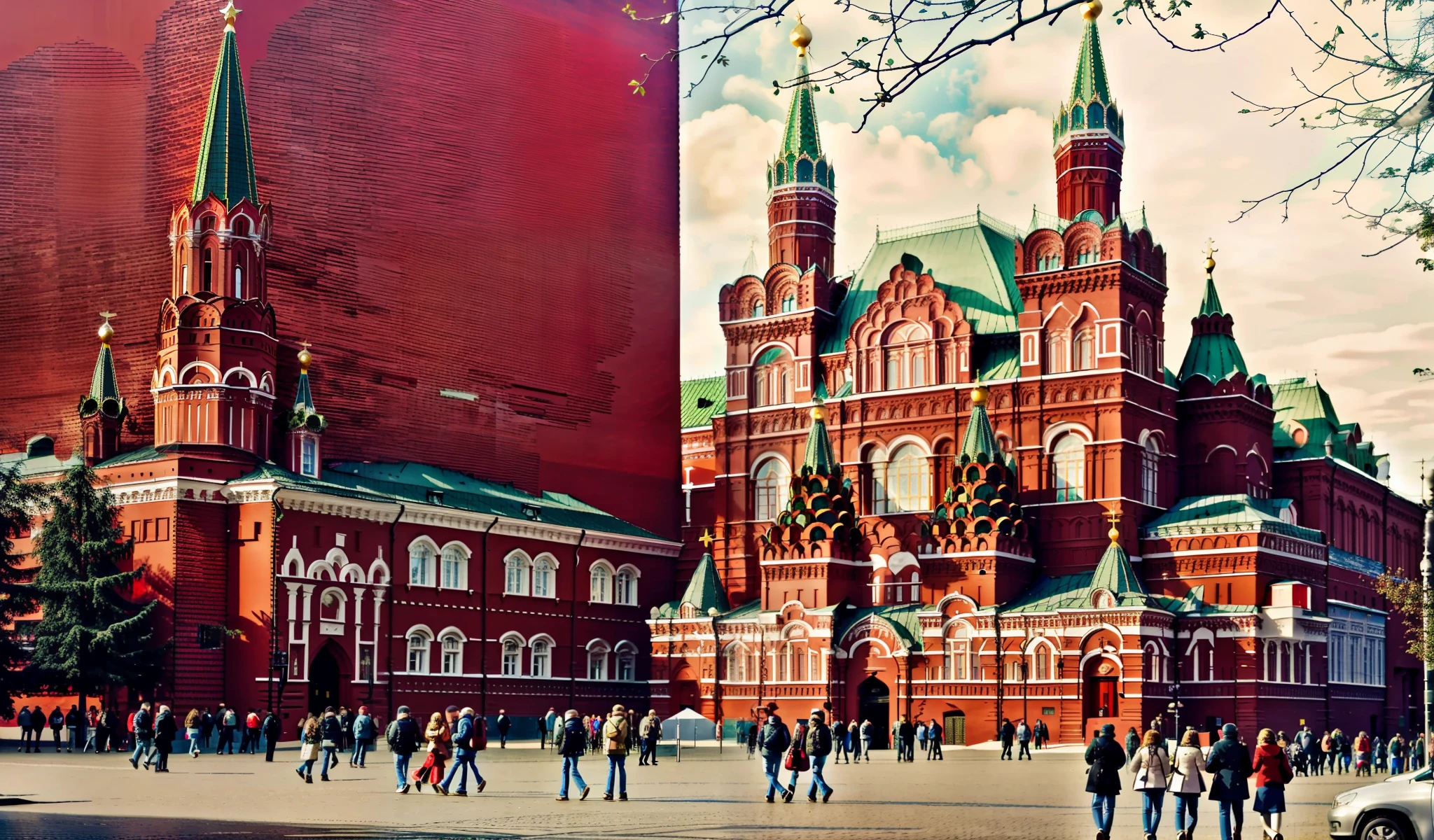 people walking around in front of a large red building with a clock tower, red square, red square moscow, Moscow, In the center of Moscow, Moscow Kremlin, in a city with a rich history, Russian architecture, Kremlin, imperial russia, museum art, Stalinist architecture, russia, sanctions in russia, Moscow Street, red building, Art Museum,  Russian Academic