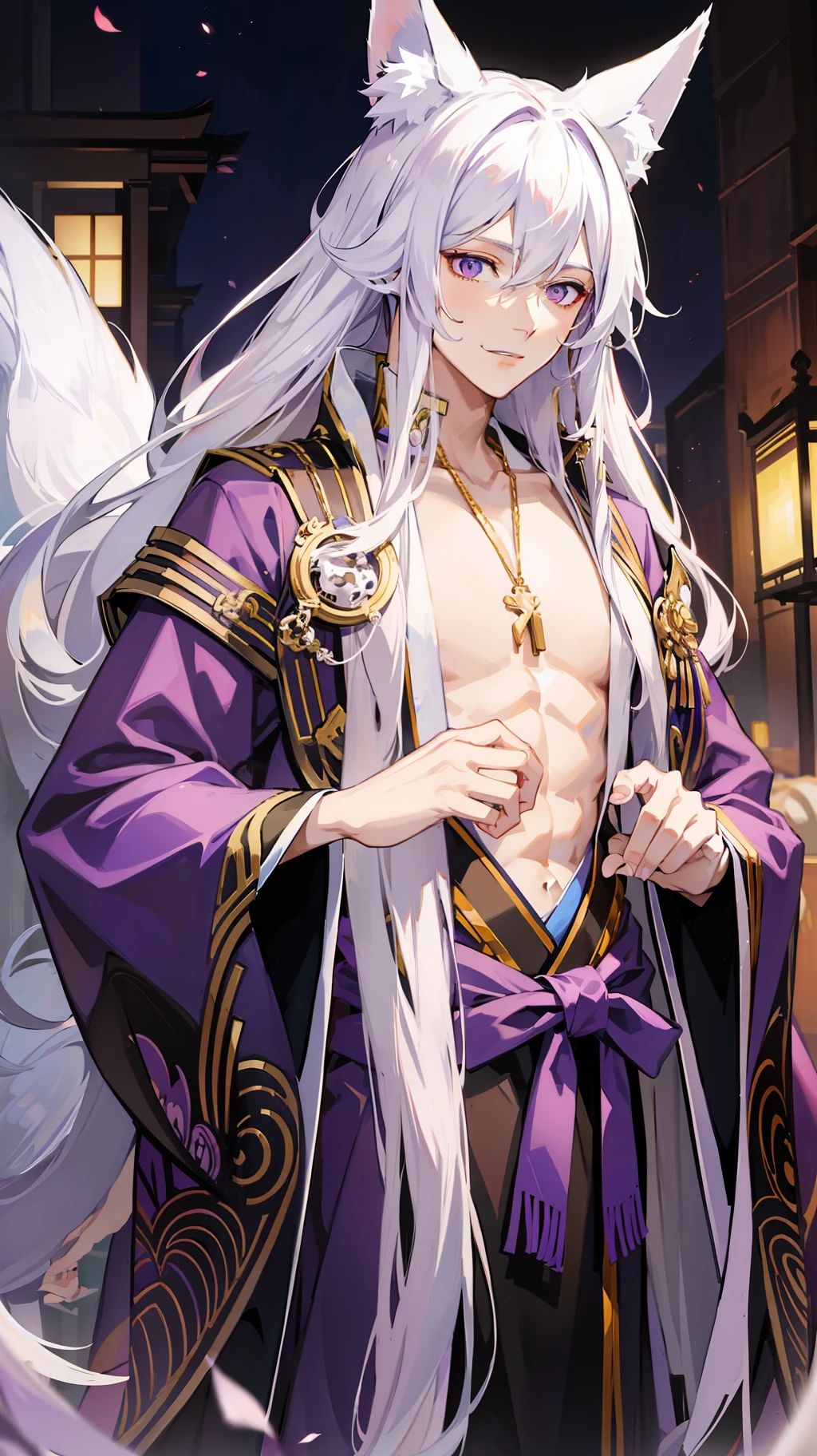 Tall guy, long white hair, fox ears, purple eyes, open kimono, open chest, chains, smile, masterpiece, high quality
