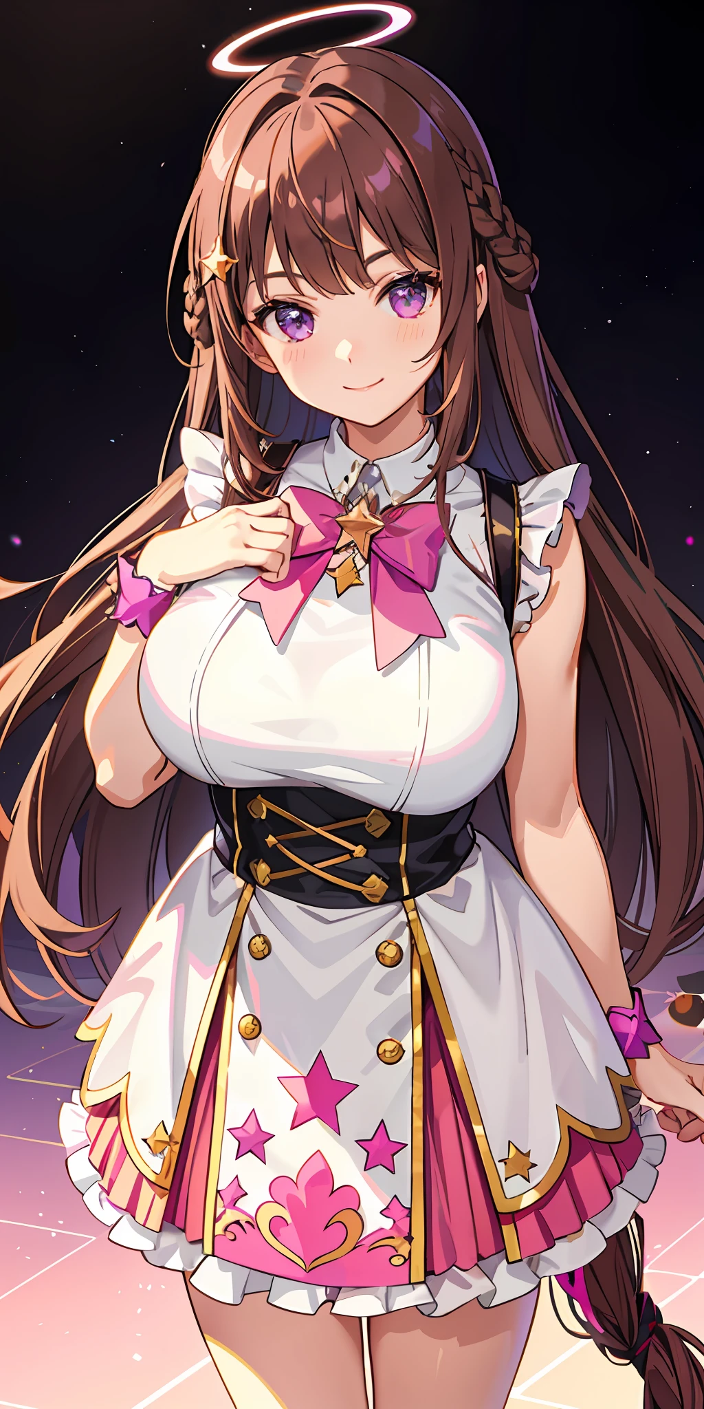 a 1girl, bright, brown hair, pink mesh, star motif, multicolored hair, purple eyes, saleme, head mask, side lights, light particles, wallpaper, big, plump, plump idol, idol costume, loose fluffy, quiet, smile, gentle, clear,