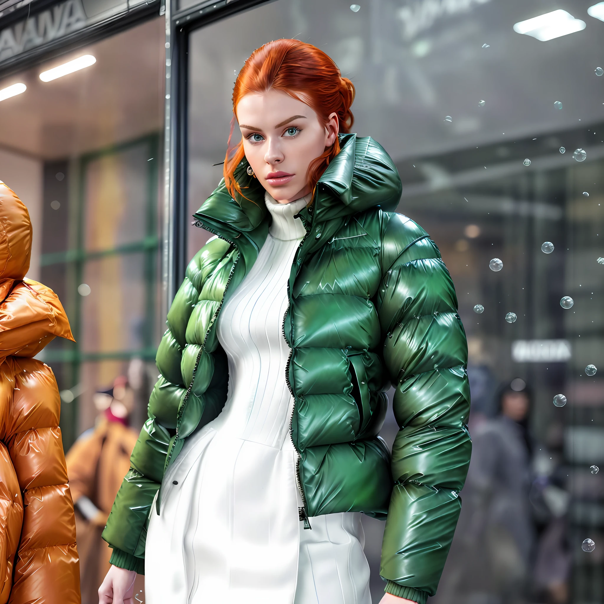 Creates a hyper realis image of a (mannequin-looking full-body mannequin) with perfect Irish Nordic facial features, redhead natural red hair, in a store-looking showcase) (((Balenciaga puffer oversized style jacket: 1.5))) (((vivid color green)), ((posing static in a mannequin-looking, store-window display, better image quality, High Resolution Photography Camera 100mm Lens