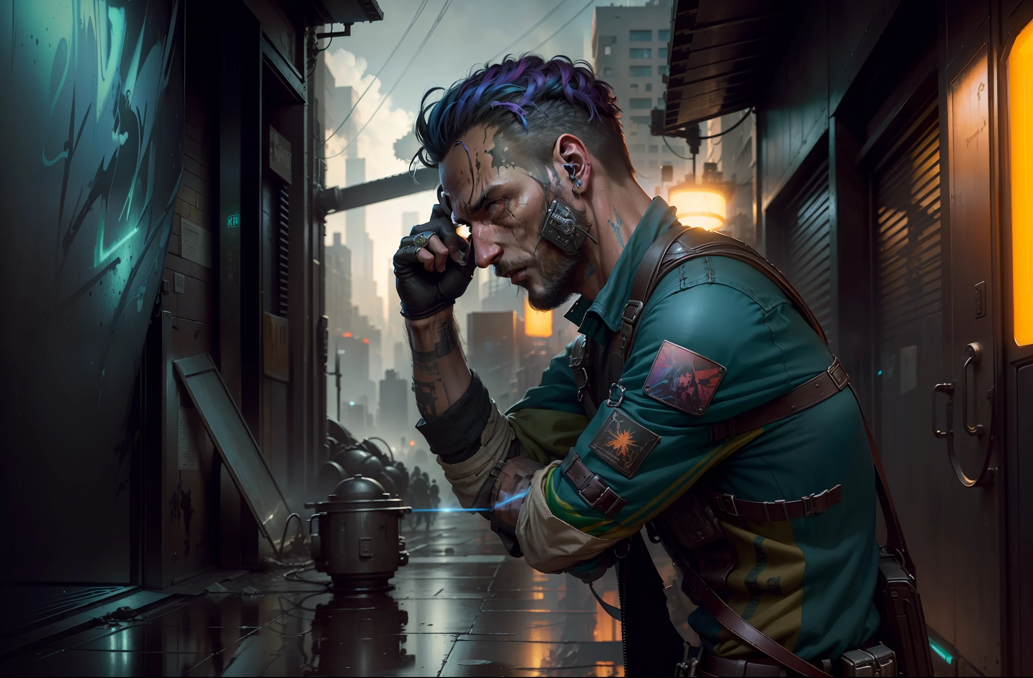 (masterpiece) high detailed RAW, a post apocalyptic man with a backpack is walking through a vivid rainbow themed cyberpunk city , hassanfantasy style , by Jeremy Mann and Donato Giancola ultra realistic highly detailed intricate photorealistic