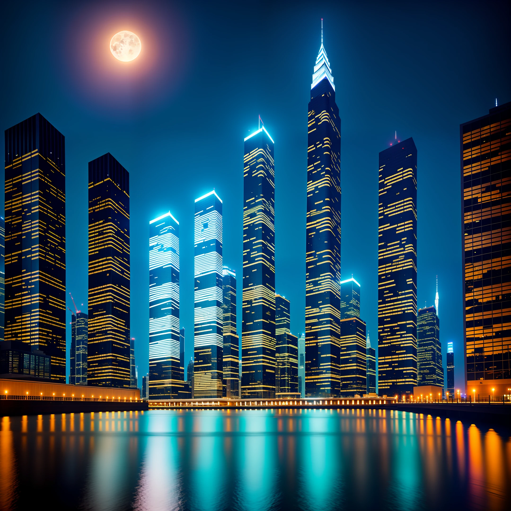 Skyscrapers are lined up, there is a river, and the angle from below reflected on the river surface in the moonlight
Realistic as a photo lit up
Night view