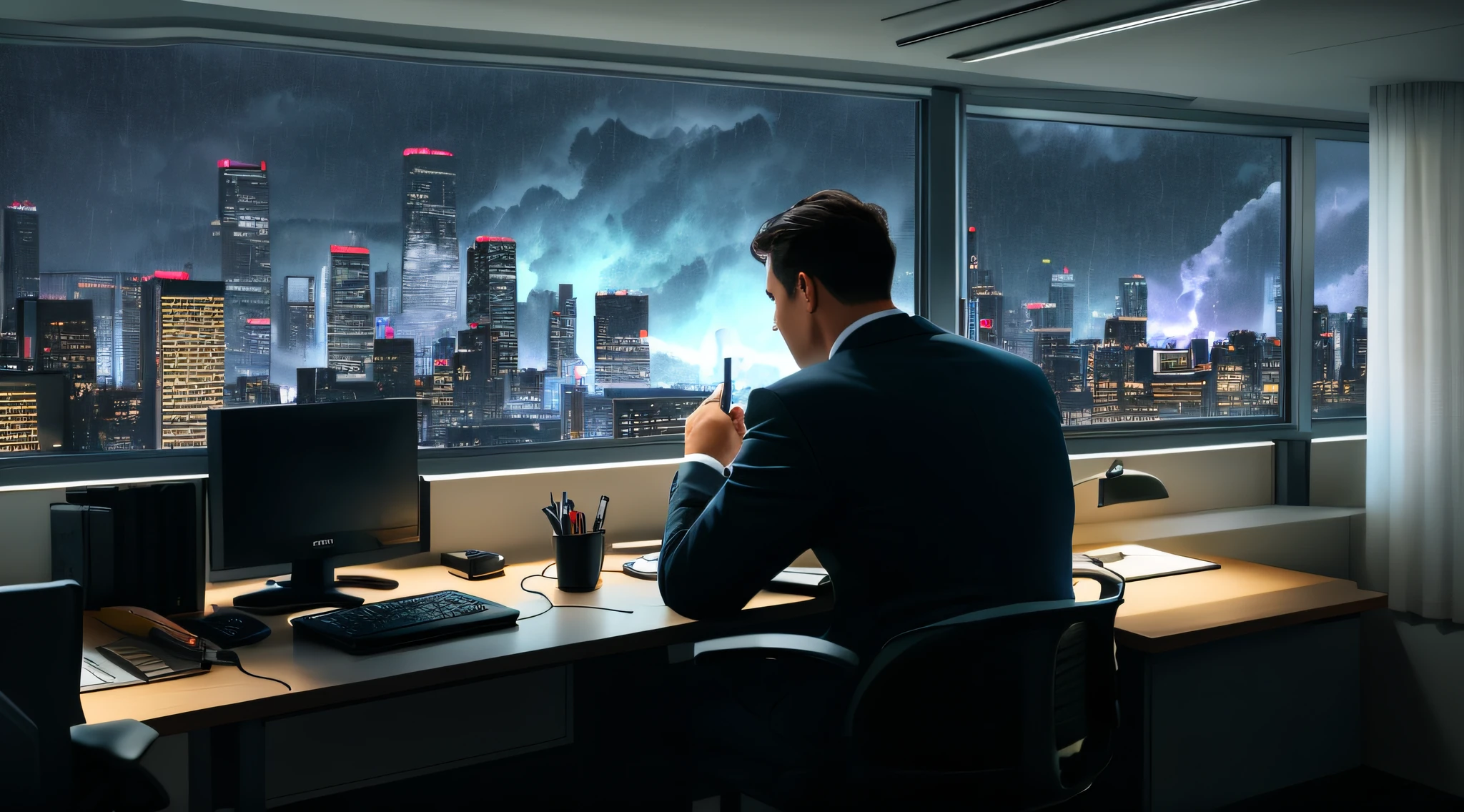 man in suit sitting at a desk with a computer, sitting at his desk, corporate business, looking at monitor, in a business suit, serious business, high quality picture, sitting in the office, sitting at a computer, sitting at the desk, CEO, sitting in front of the computer, contemplating, sitting at a desk, corporate portait, window shows a big storm, Rain on window, weather closed