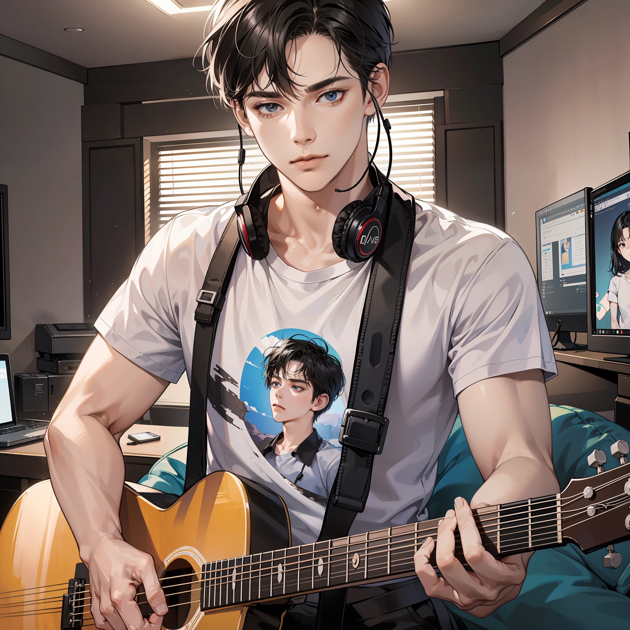 Masterpiece, high quality, best quality, HD, realistic, perfect lighting, detailed face, detailed body, 1 man, short black hair, white t-shirt, (serious expression: 1.5) (face calm: 1.5), looking at the computer screen, holding guitar, with headphones, in the room