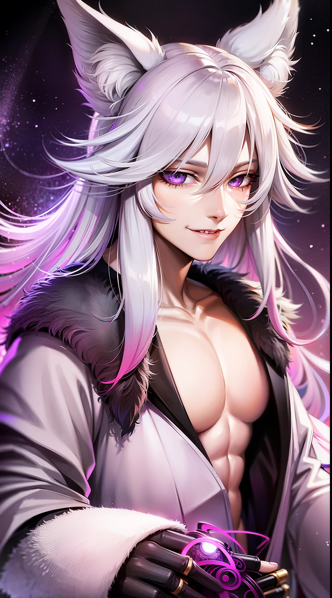 Tall guy, long white hair, fox ears, purple eyes, open kimono, open chest, chains, smile, masterpiece, high quality