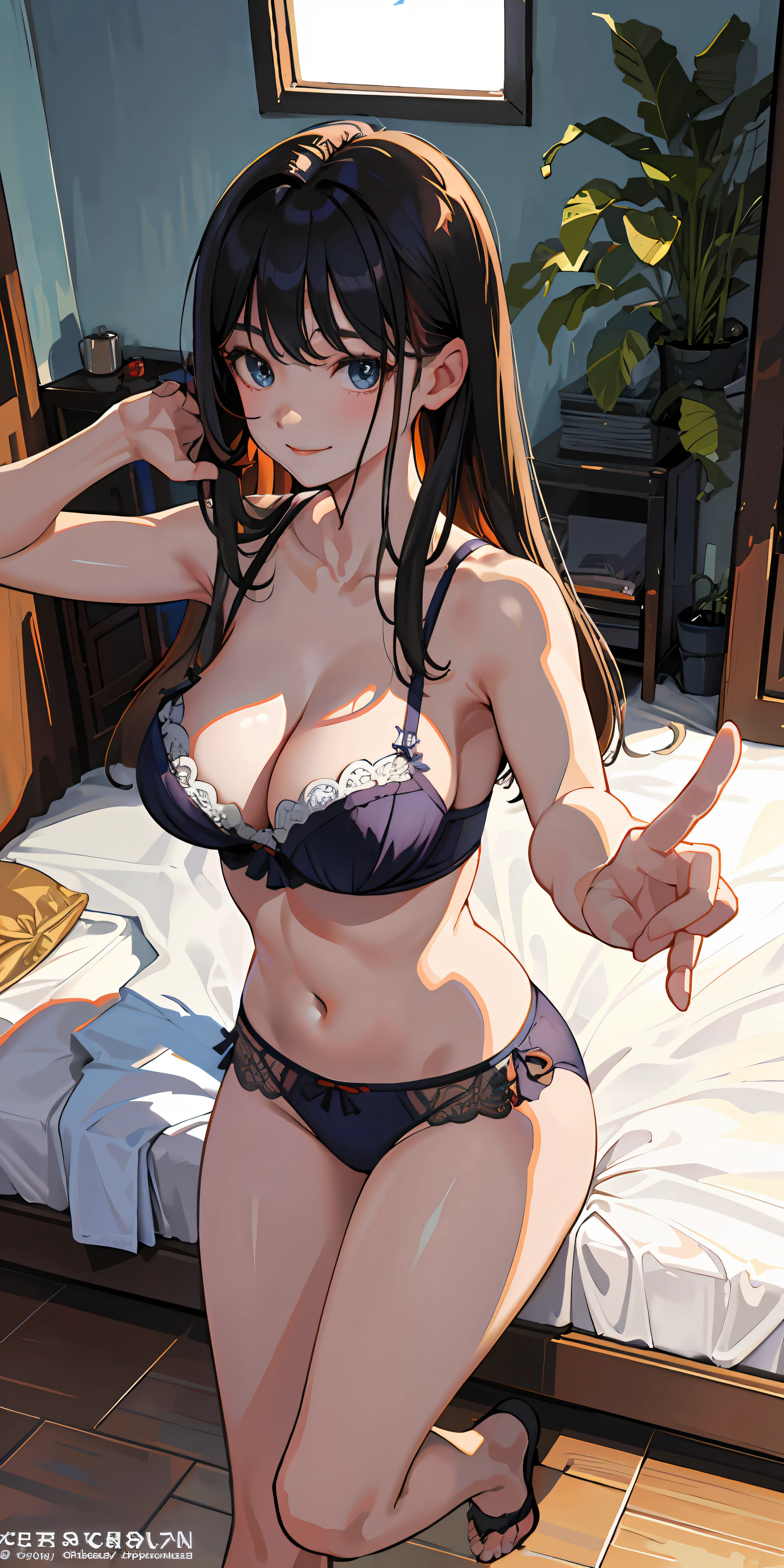 Masterpieces、maximum quality、High Definition、solo、、huge tits、indoors、Misaligned bra、T-back、(arrive: 1.2)、Sprawl、From above、Outstretched arms、a smiling look、Bed、disheveled underwear、Rough breath、The look of Houyue