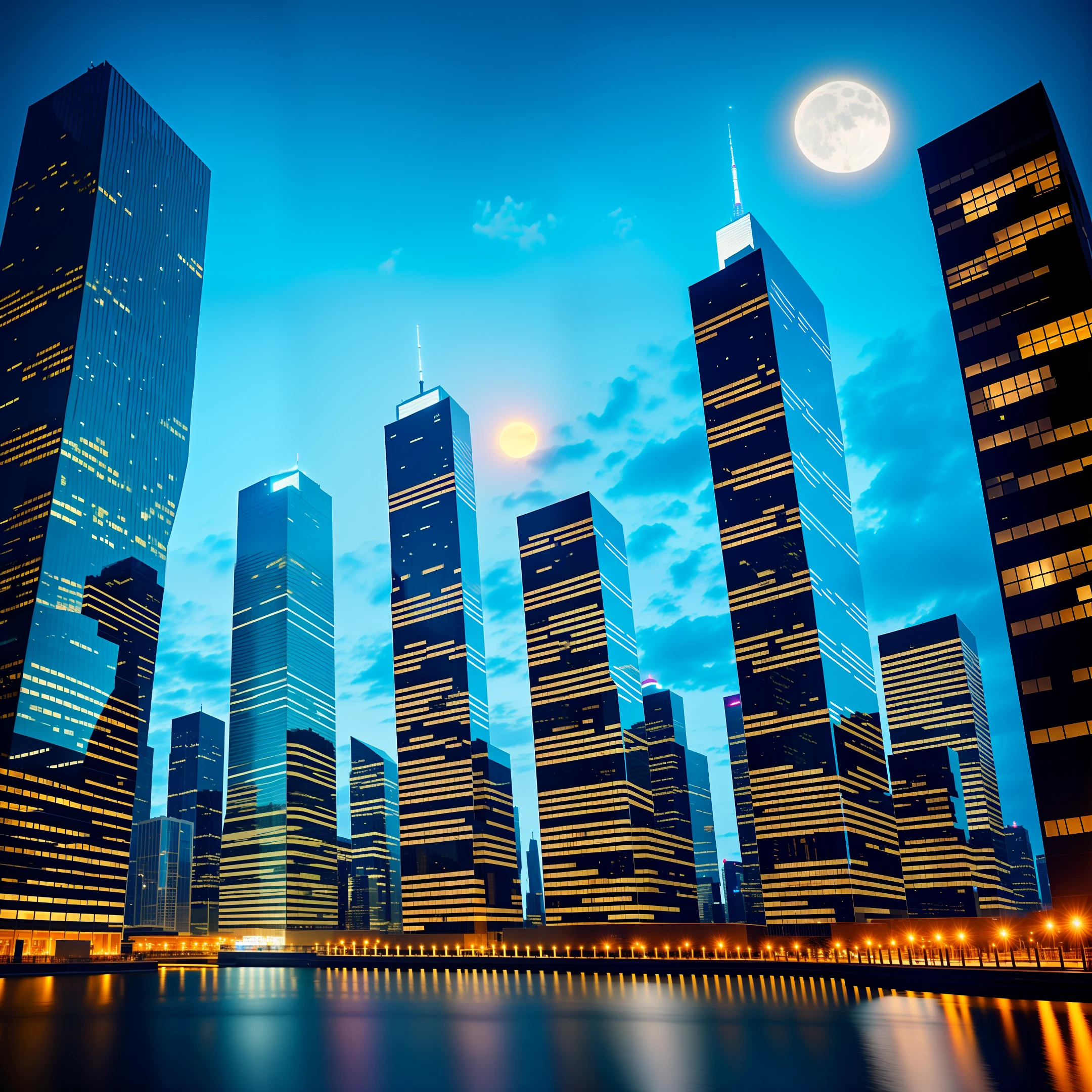 Skyscrapers are lined up, there is a river, and the angle from below reflected on the river surface in the moonlight
Realistic as a photo lit up
Night view