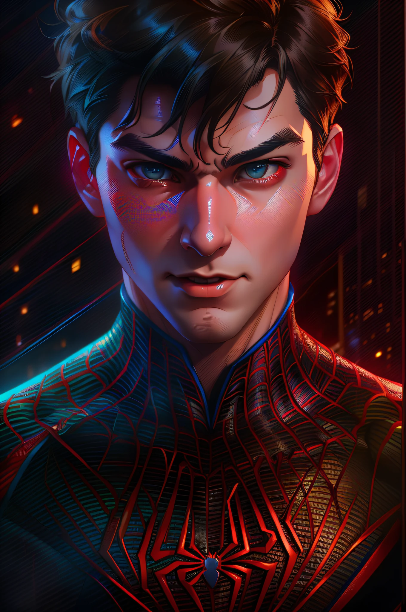 spider - man in a suit with a red light coming from his eyes, peter parker, highly detailed exquisite fanart, portrait of spiderman, artgerm and atey ghailan, spider - verse art style, fan art, ross tran and bayard wu, by ruan jia and stanley artgerm, by Oliver Sin, :: rossdraws, peter parker as spiderman