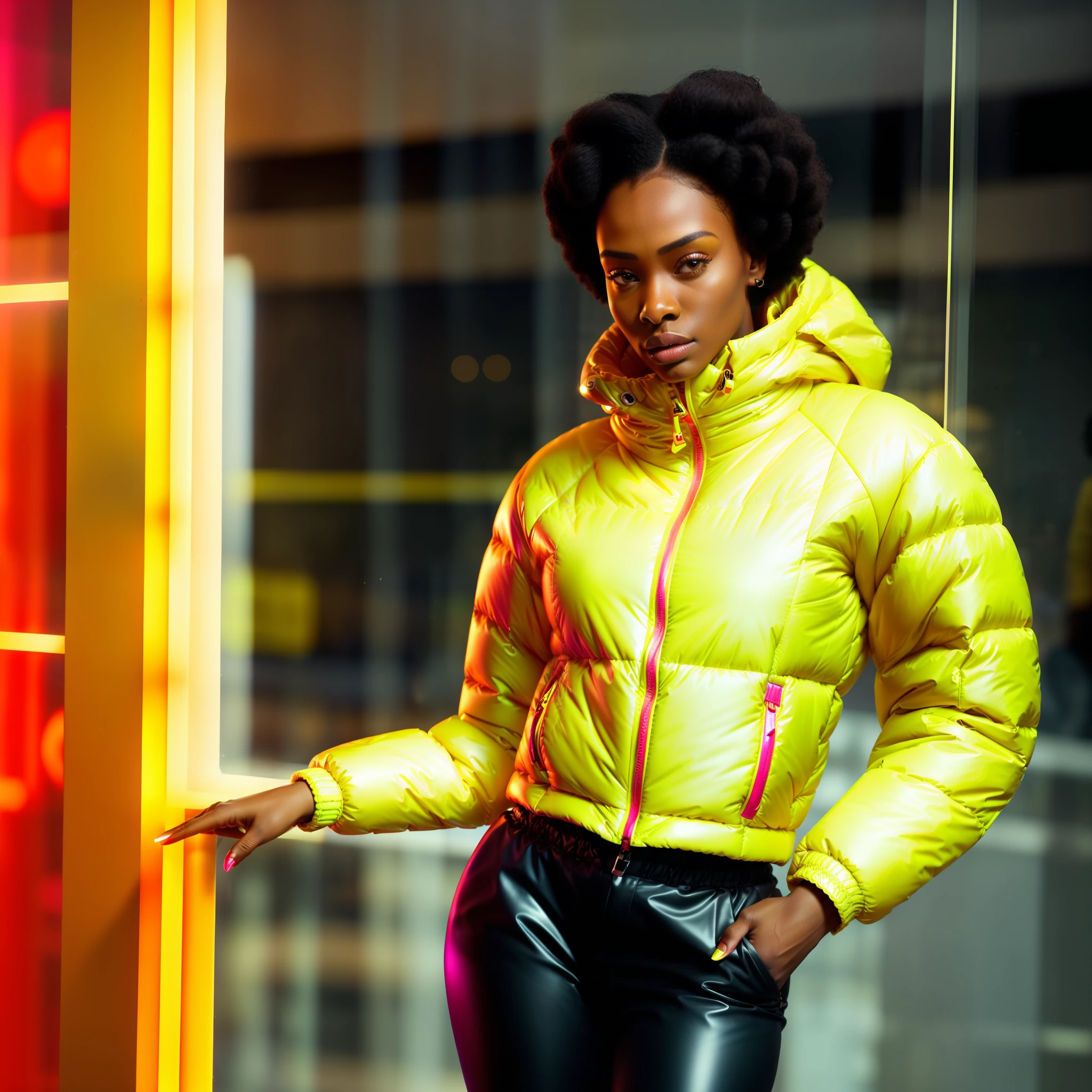 ((( an ultra realistic woman, posing in the window, mannequin position ))) with perfect Kenyan African facial features, short afro hair, braided, ultra detailed in hd, with nice expression, wearing (((Balenciaga puffer style jacket oversized:1.5 red ultra definition))) pants, turtleneck shirt , (((yellow jacket:1.5, vivid color, neon, reflective))), posing at the end of the catwalk in ,(bring store window environment) view from different angles, high fashion show, best quality, top quality, image masterpiece, high resolution photography.