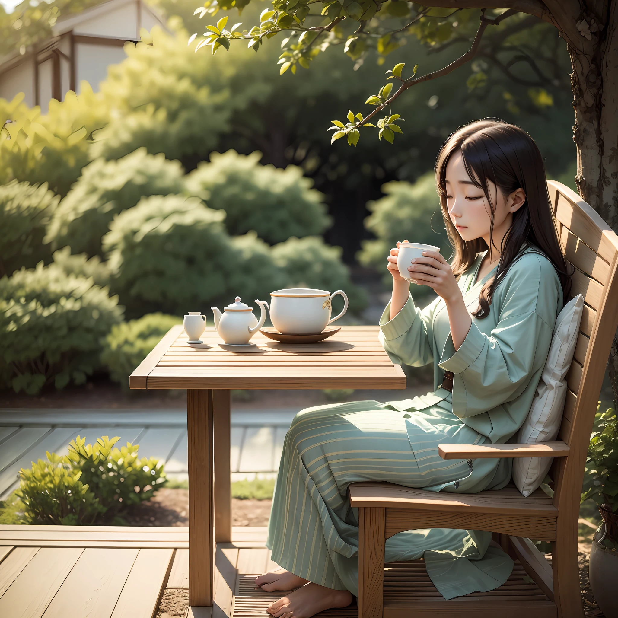 Enjoying tea Health Family Reliable domestic production Health management Peaceful Quiet Relaxing Calmness Sitting alone in a chair and drinking tea Calmly in the shade of a tree in the house during the day Japanese house Photo distant view A little sleepy --auto --s2