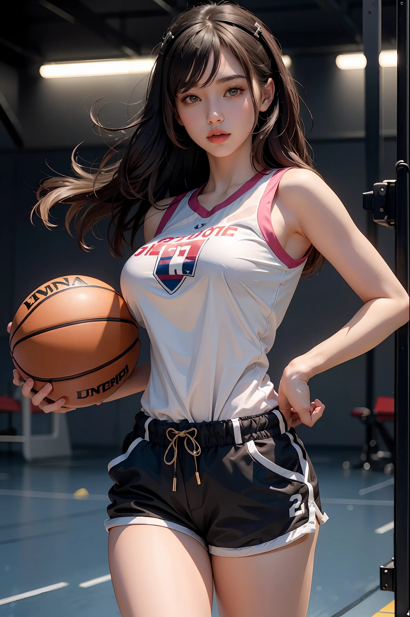 (RAW photos,4 k,A Masterpiece,Highres,extremely intricate)(lifelike:1 girl.4 pcs),Cinematic lighting Delicate girl with facial features,The chest is extra-big
1 girl Girl, Single focus, summer noon, Hot, Pink basketball jersey gym 1 girl 990s\(stylized\),White and tender skin,The chest is extra-suk ,short pants,perspire,(Bestquality), (Highres), (an extremely delicate and beautiful),,(Beautiful 8k face),(brown eye),(Ulzzang-6500:1 girl.0),(solo),(lookside),(Viewer),(large breast),(NBA),it's over,,lookside,(side), ,(Basketball sportswear),((Play basketball)),((gymnasium)),((speed)),(reality),