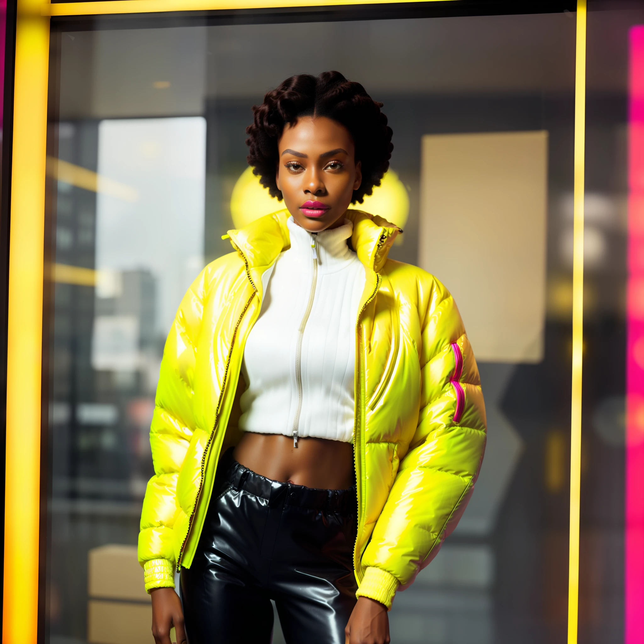 ((( an ultra realistic woman, posing in the window, mannequin position ))) with perfect Kenyan African facial features, short afro hair, braided, ultra detailed in hd, with nice expression, wearing (((Balenciaga puffer style jacket oversized:1.5 red ultra definition))) pants, turtleneck shirt , (((yellow jacket:1.5, vivid color, neon, reflective))), posing at the end of the catwalk in ,(bring store window environment) view from different angles, high fashion show, best quality, top quality, image masterpiece, high resolution photography.
