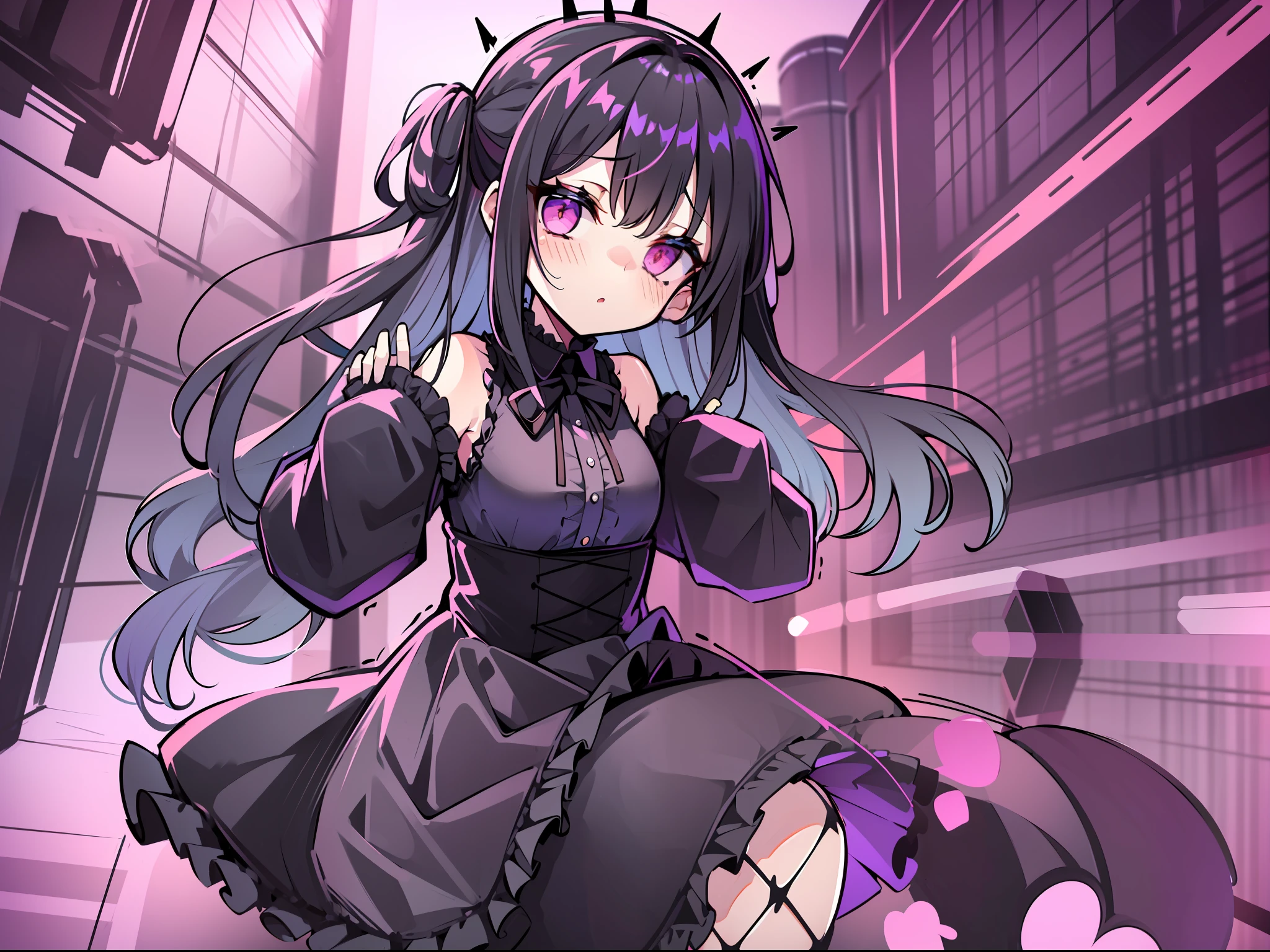 Pretty Girl, Facing Up, {{Chibi}}, {{{Long Two Side Up}, Pink Eyes, {Black Hair}, Supple Black Gothic Dress, Long Ruffled Skirt, Ruffled Collar, Black Ribbon, Black Knee Socks, Supple Hair, Black Moonlight, NIGHT, Long Sleeves, Arms Spread, Rose Flower, Fluttering Petals, Moe Chara, Unfolding Skirt, POV