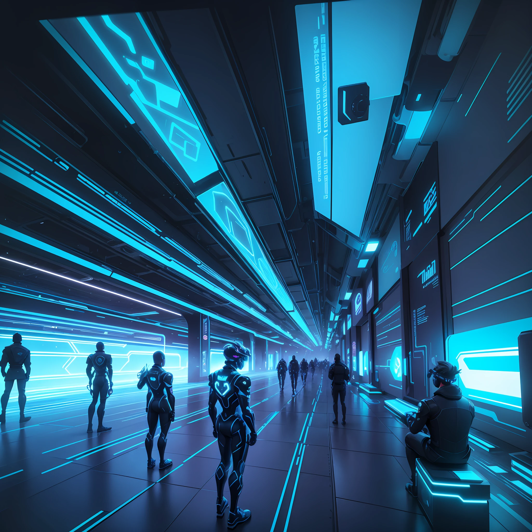 Describe the visual elements of a Tron-inspired world, including the use of neon lights, glowing lines and shapes, and the distinctive blue and black color scheme. How do these elements combine to create a futuristic and technological atmosphere, and what other details could be included to enhance the overall aesthetic? Consider the impact of movement and speed on the visuals, as well as the potential for incorporating elements of virtual reality or the digital realm. --auto --s2