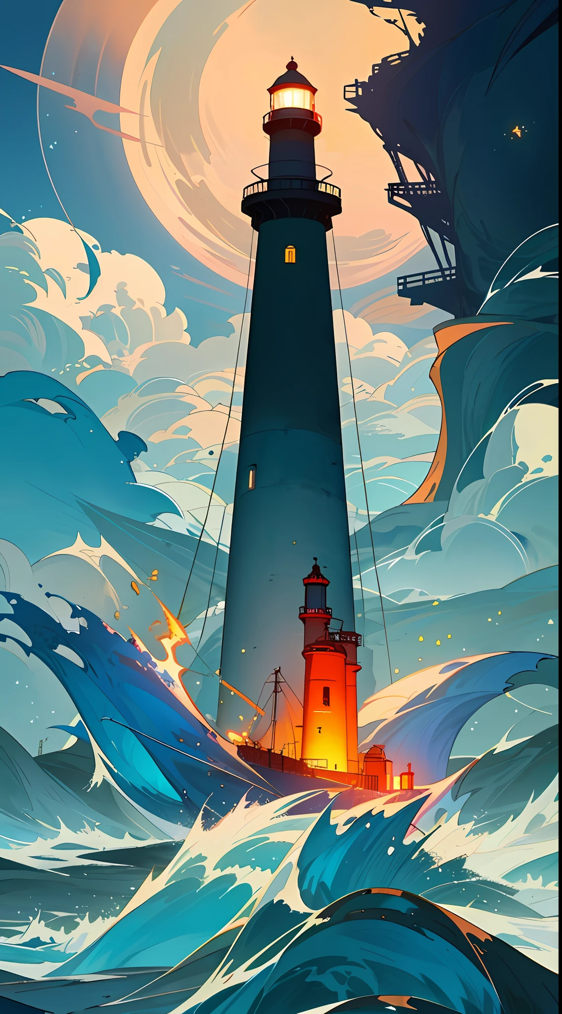 Movie poster production, horror, eerie atmosphere, evening, big scene, sea, horror, lighthouse in the distance, distant view, characters and lighthouse are very small, there is a slightly bright lighthouse in the distance, big scene, there is a small lighthouse in the distance figure of --v 6