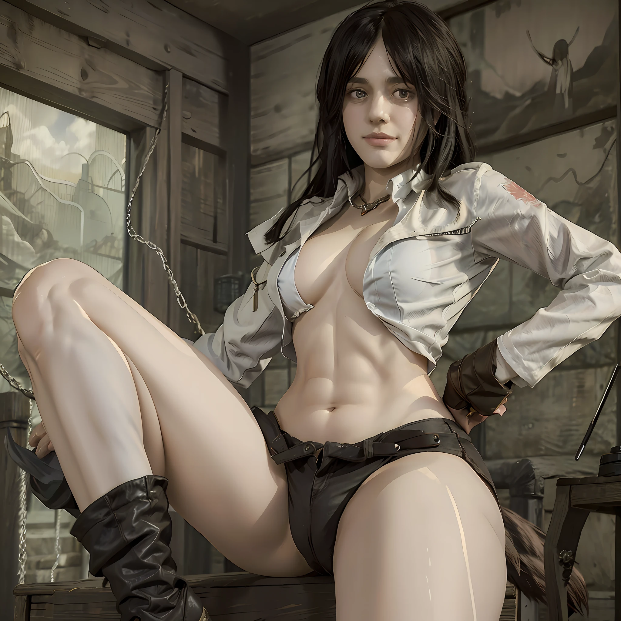 Finger Pieck, Shingeki no Kyojin , Attack on Titan, anime style, smiling, rendered anime, Soft 3D chubby, Muscular, nudity, LoRA style, abdomen, thick thighs, Muscular