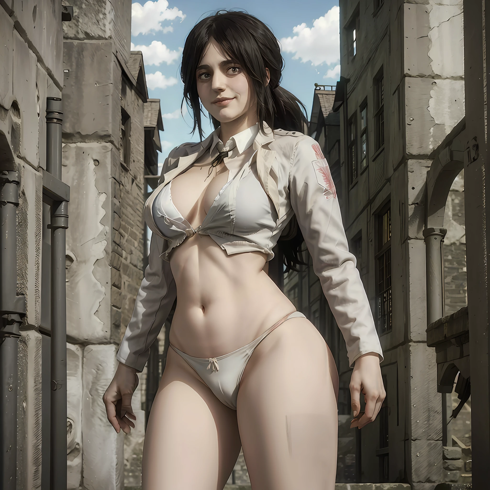 Finger Pieck, Shingeki no Kyojin , Attack on Titan, anime style, smiling, rendered anime, Soft 3D chubby, Muscular, nudity, LoRA style, abdomen, thick thighs, Muscular