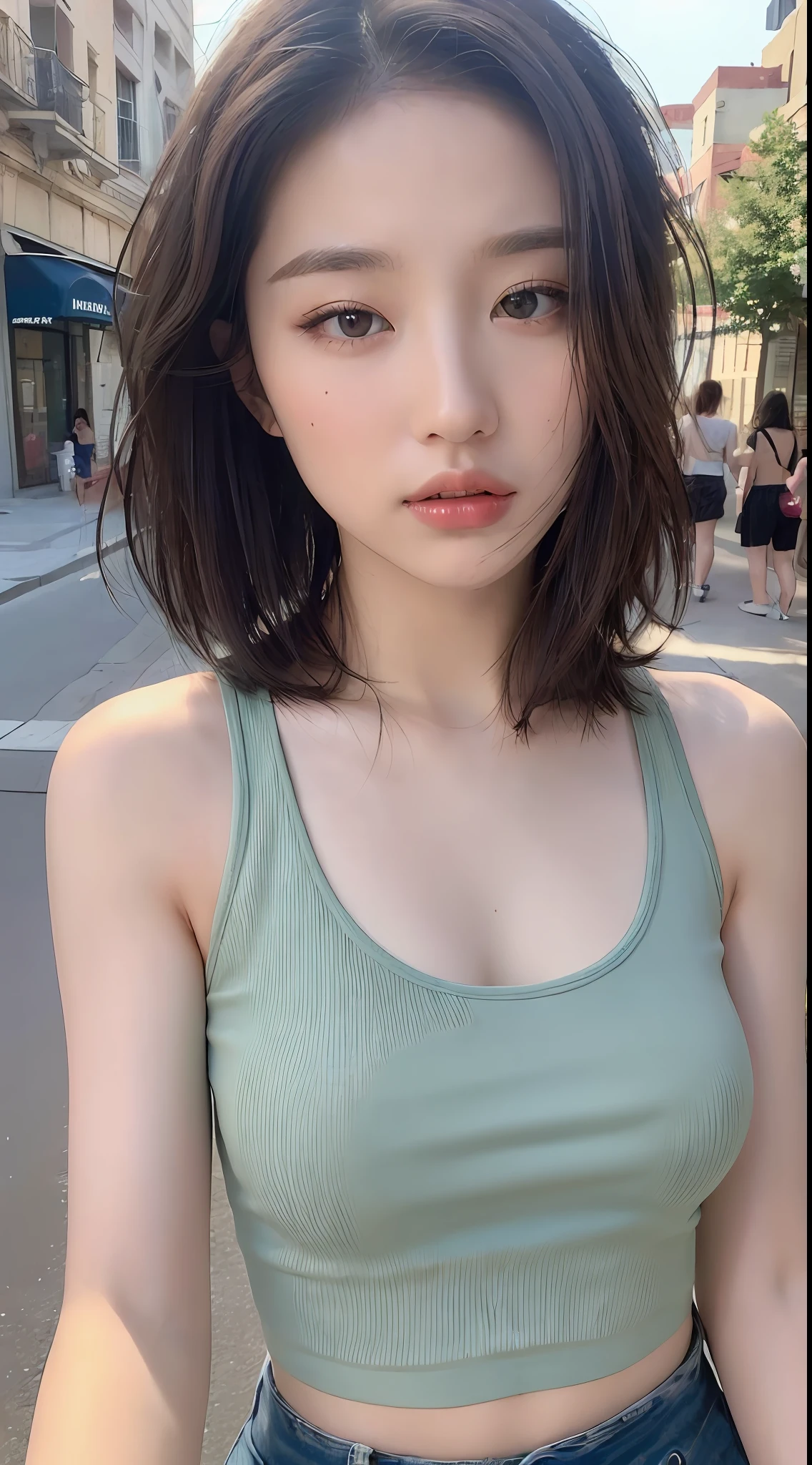 ((Best quality, 8k, Masterpiece :1.3)), Sharp focus: 1.2, Perfect Body Beauty: 1.4, Slim Abs: 1.2, ((Layered hairstyle: 1.2)), (Tank top shirt:1.1), (Street: 1.2), Highly detailed face and skin texture, Fine eyes, Double eyelids