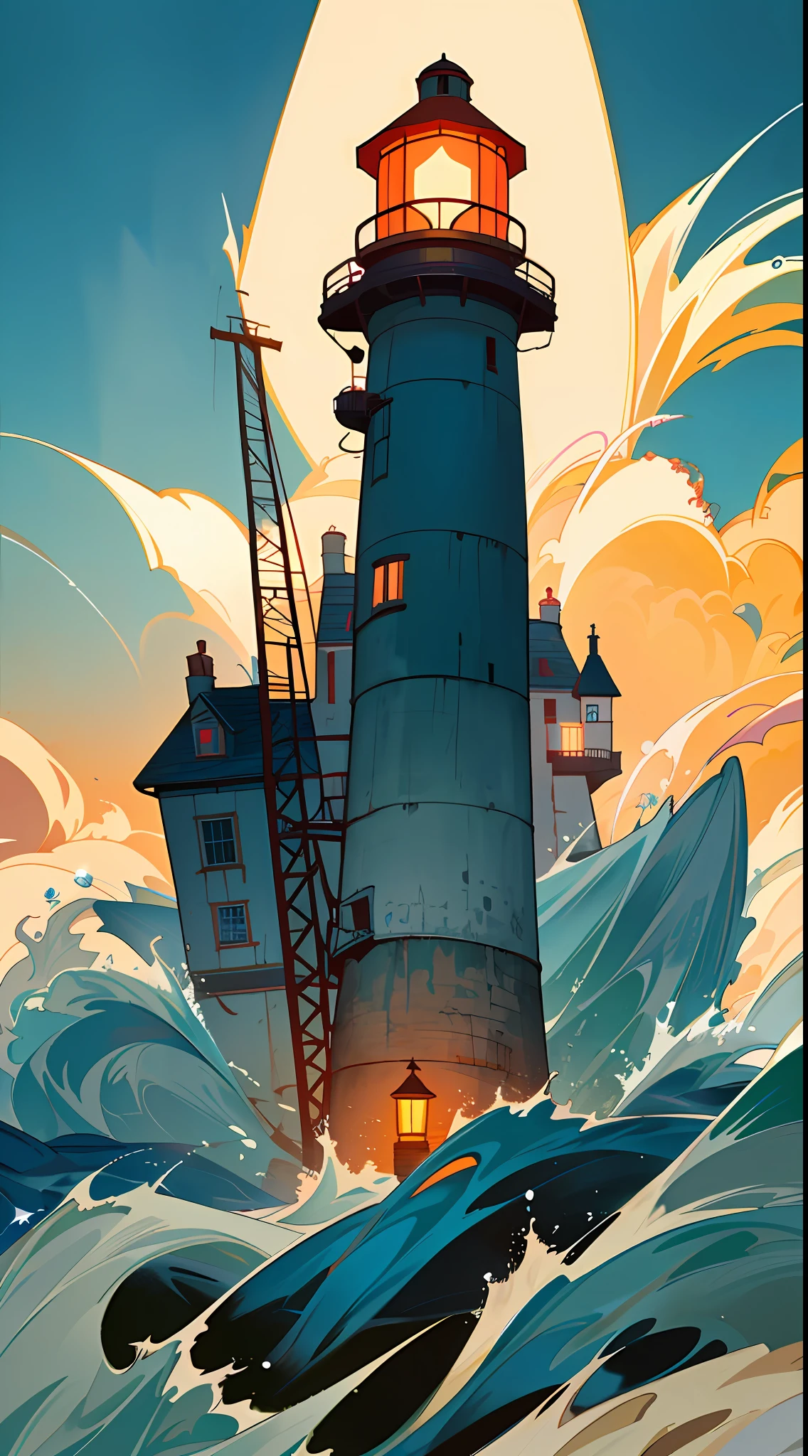 Movie poster production, horror, eerie atmosphere, evening, big scene, sea, horror, lighthouse in the distance, distant view, characters and lighthouse are very small, there is a slightly bright lighthouse in the distance, big scene, there is a small lighthouse in the distance figure of --v 6