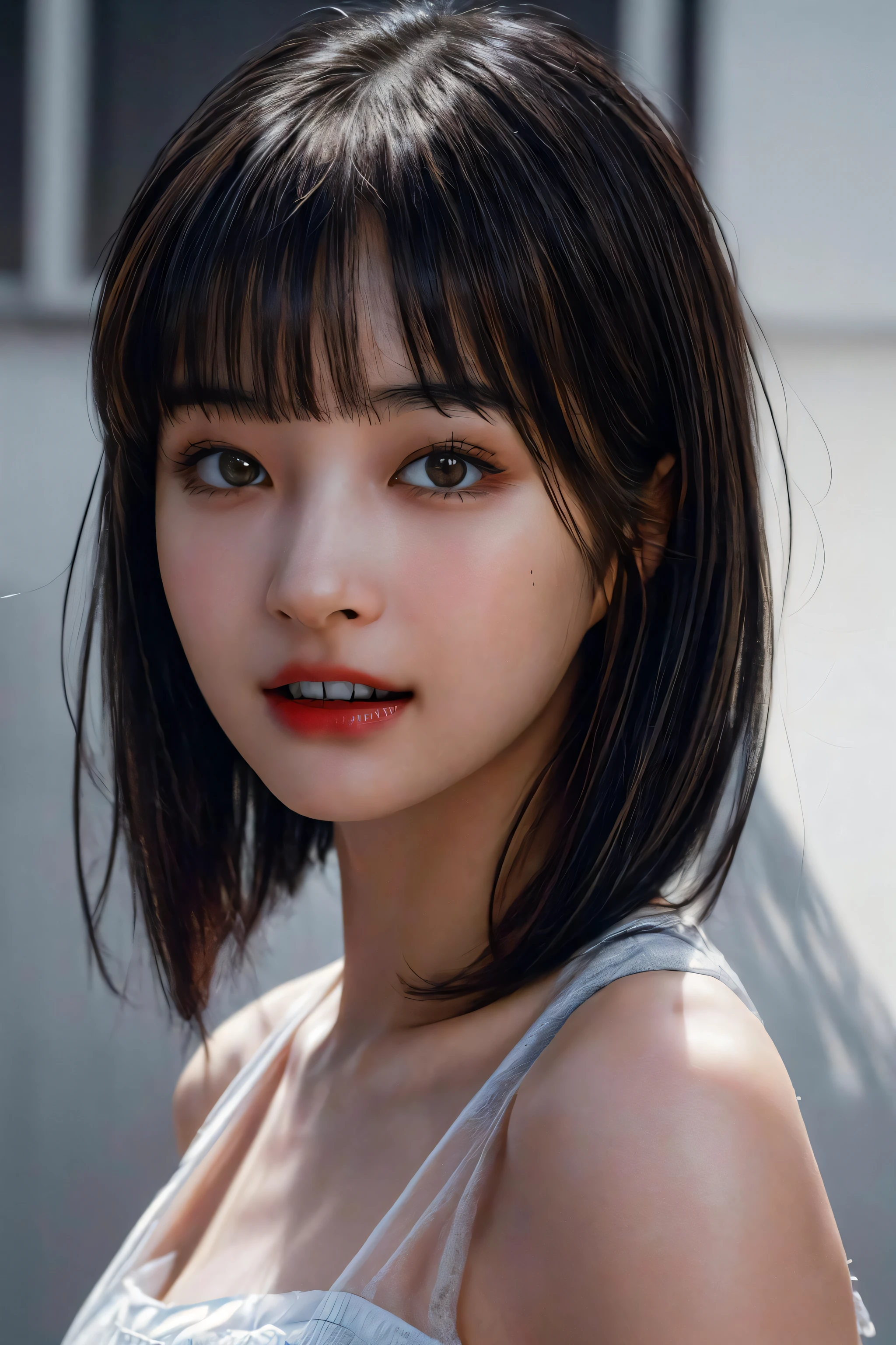 (masterpiece, best quality, beautiful quality, photorealistic, looking at viewer, detailed lighting, extremely detailed skin, extremely detailed hair, extremely detailed teeth, shadows, 8k:1.2), (a picture of a woman, 1girl, blunt bangs, Egyptian bob cut:1.2),