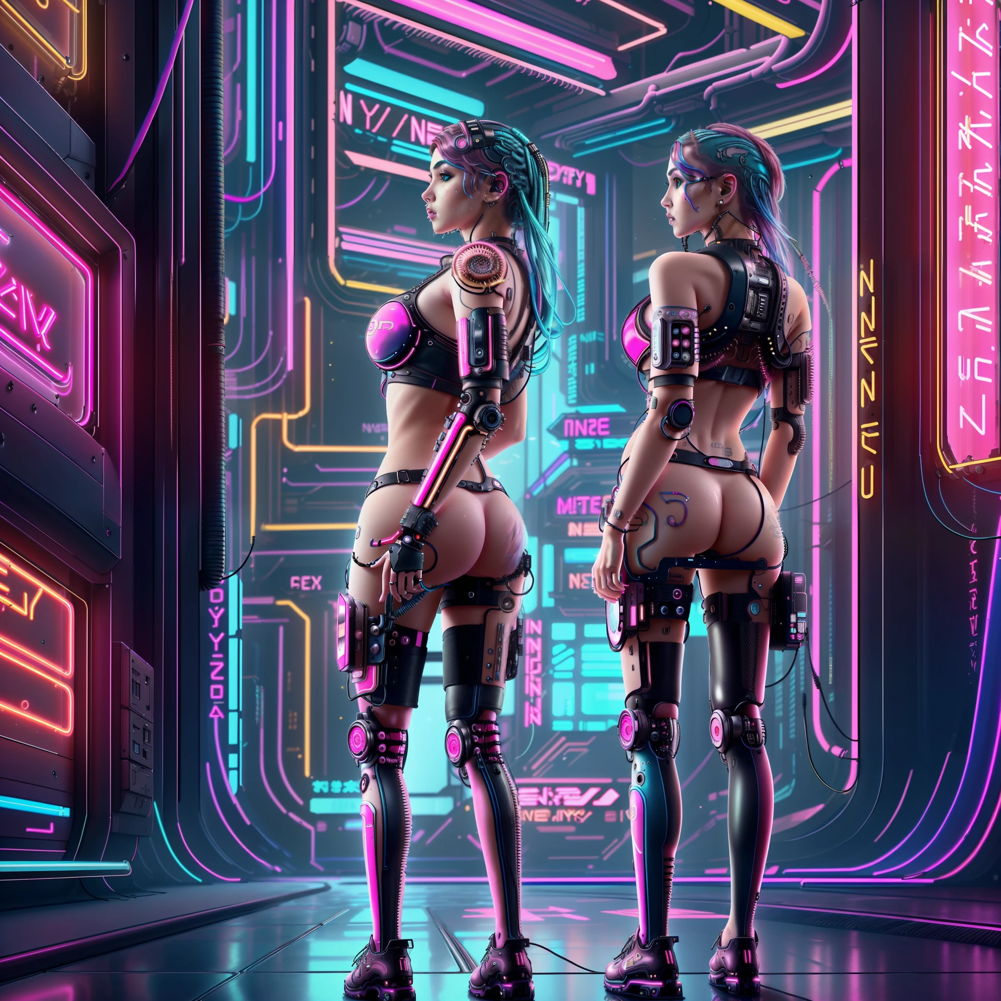 (masterpiece, top quality, best quality, official art, beautiful and aesthetic:1.25),(1girl:1.75),full body,([pink|blue] hair:1.5),extreme detailed,(fractal art:1.25),(colorful:1.5),highest detailed,(Mechanical modification:1.3),(modification:1.2),Maiden,(A complex mechanical conduit is inserted into the back:1.5),catheter,(neon background:1.4),(neon city:1.5),night,large breasts,(gothic_lolita:1.25),high heels,(nude:0.85),makeup,blush,(cyberpunk:1.4),((looking at viewer:1.3)),((looking back)), there is a sign on the floor that says (THE END IS NEAR), HDR, 8k, HD