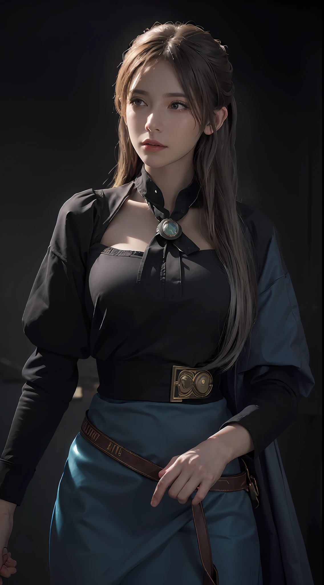 (front focus), (in the dark:1.6), Hyperrealist portrait of female by david hockney and alphonse mucha, fantasy art, photo realistic, dynamic lighting, artstation, poster, volumetric lighting, very detailed faces, 4 k, award winning, 1girl, in the dark, deep shadow, low key, cowboy shot, (official clothing:1.4), long hair, white hair