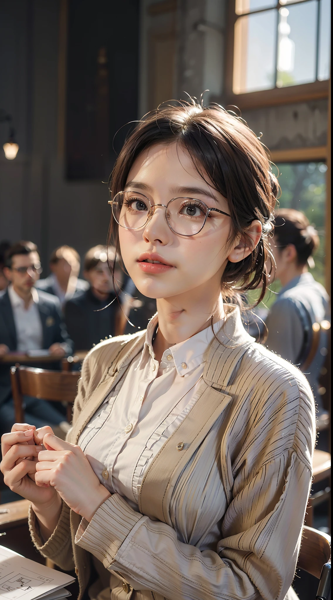 Motivational seminar, seminar setting, 1girl, beautiful lighting, top quality, MASTERPIECE, super uplifting, photorealistic, seminar chair installation, looking at the front, putting hands on cheeks, love, happiness, very cute, lovey, feminine outfit, neat and clean clothes, beautiful glasses