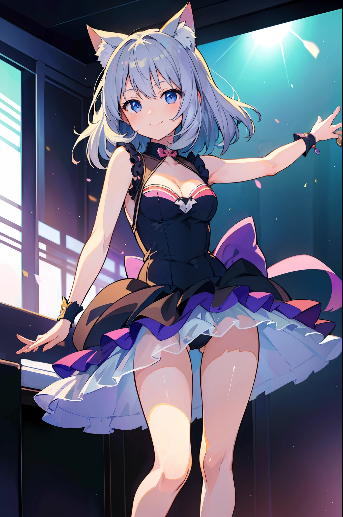 (Masterpiece), (Top Quality Anime Illustration), (Super Definition), One Girl, Solo、、、 Silver-haired Beautiful Girl, Anime , Cat Ear Lolilut Idol, See-through, Sleeveless, Smile, Cleavage Emphasis, Bare Skin Visible Lower, Thighs, Dancing