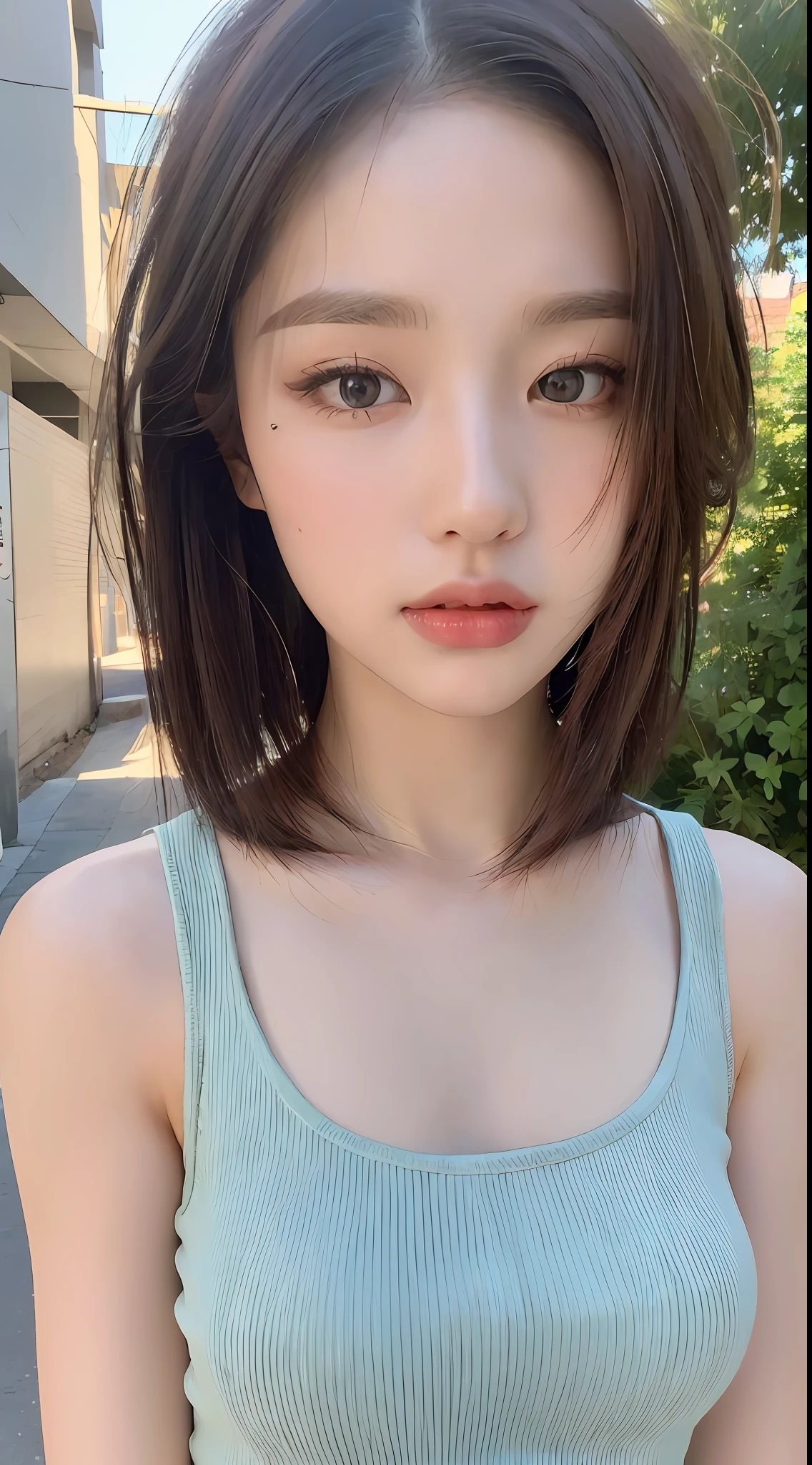 ((Best quality, 8k, Masterpiece :1.3)), Sharp focus: 1.2, Perfect Body Beauty: 1.4, Slim Abs: 1.2, ((Layered hairstyle: 1.2)), (Tank top shirt:1.1), (Street: 1.2), Highly detailed face and skin texture, Fine eyes, Double eyelids