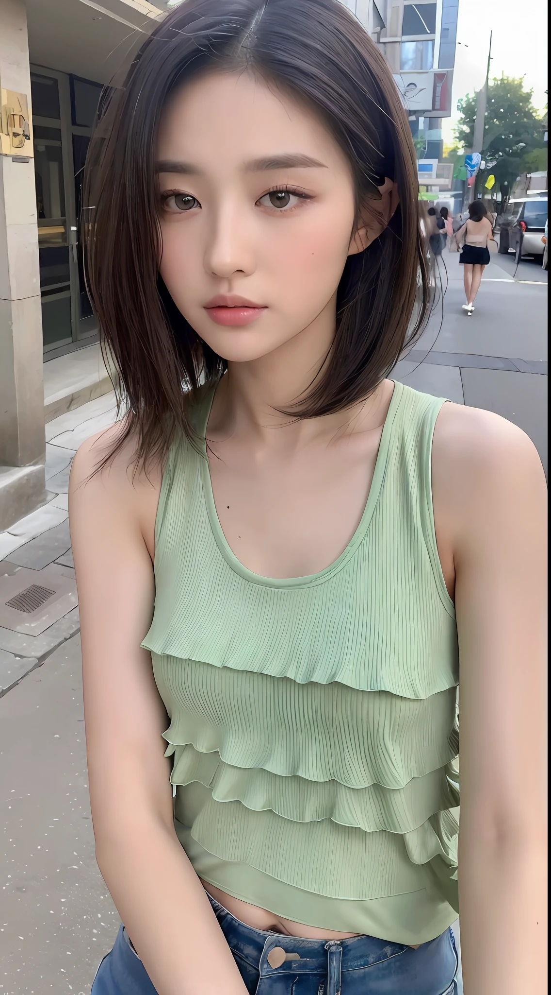 ((Best quality, 8k, Masterpiece :1.3)), Sharp focus: 1.2, Perfect Body Beauty: 1.4, Slim Abs: 1.2, ((Layered hairstyle: 1.2)), (Tank top shirt:1.1), (Street: 1.2), Highly detailed face and skin texture, Fine eyes, Double eyelids