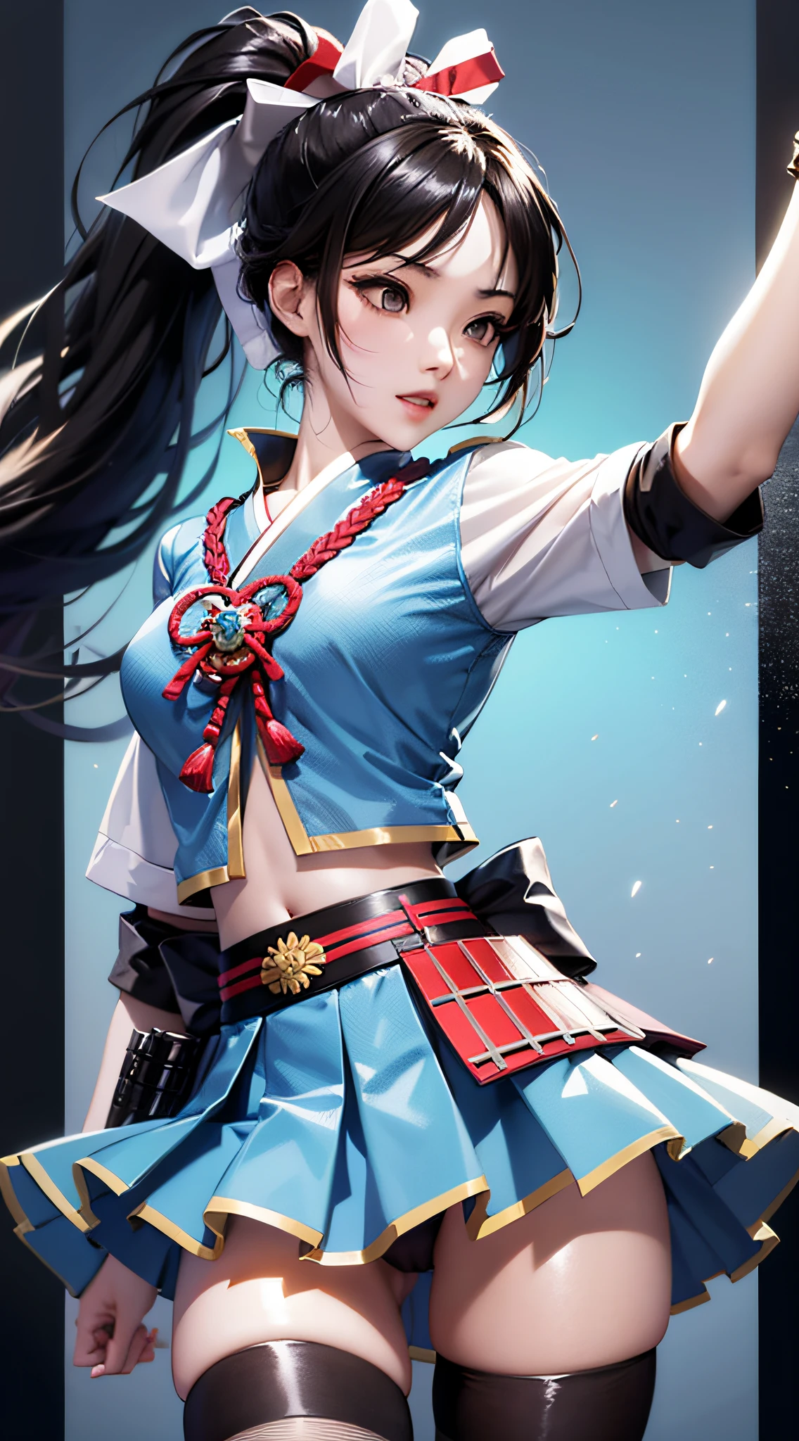 samurai girl, oriental, korean, dark black hair,(Straight hair or ponytail), k pop idol, Detailed, 1 girl, beautiful, ((Thin laughter)), 8k, artwork, Hyper realistic, wallpapers, Ultra mini skirt, samurai armor, (Standing), rise, open legs, Pantie, panties appearing, Light blue panties, up skirt, cameltoe, thong, pantyshot, ((Light blue lighting)), The skirt is flipped up,