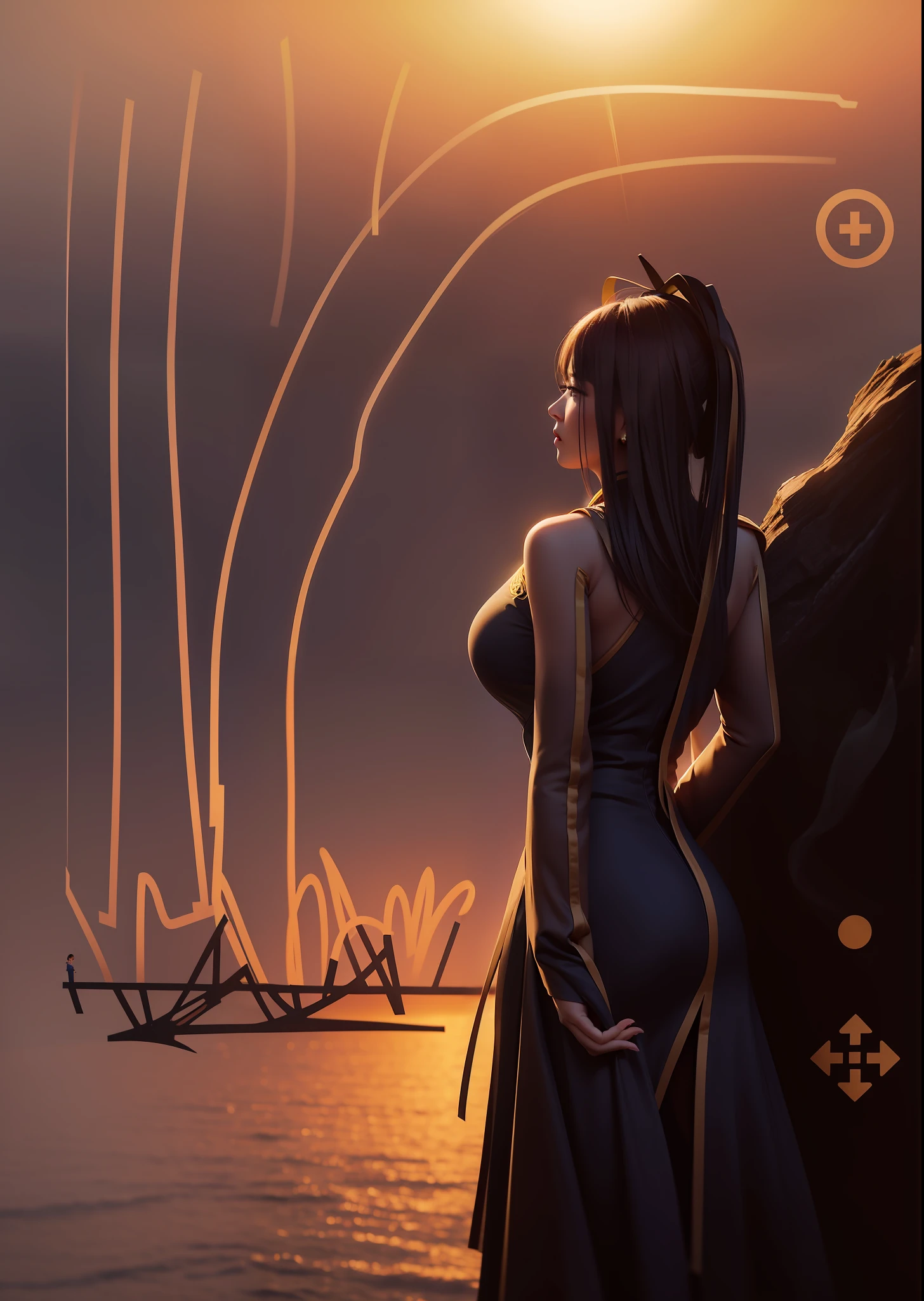 A beautiful woman in a cheongsam, standing on the edge of the cliff, the peak under the cliff is surrounded by smoke, there is a large tree on the left, the branches of the big tree extend out, the sky is sunset, backlight, high quality, high resolution, 8K
