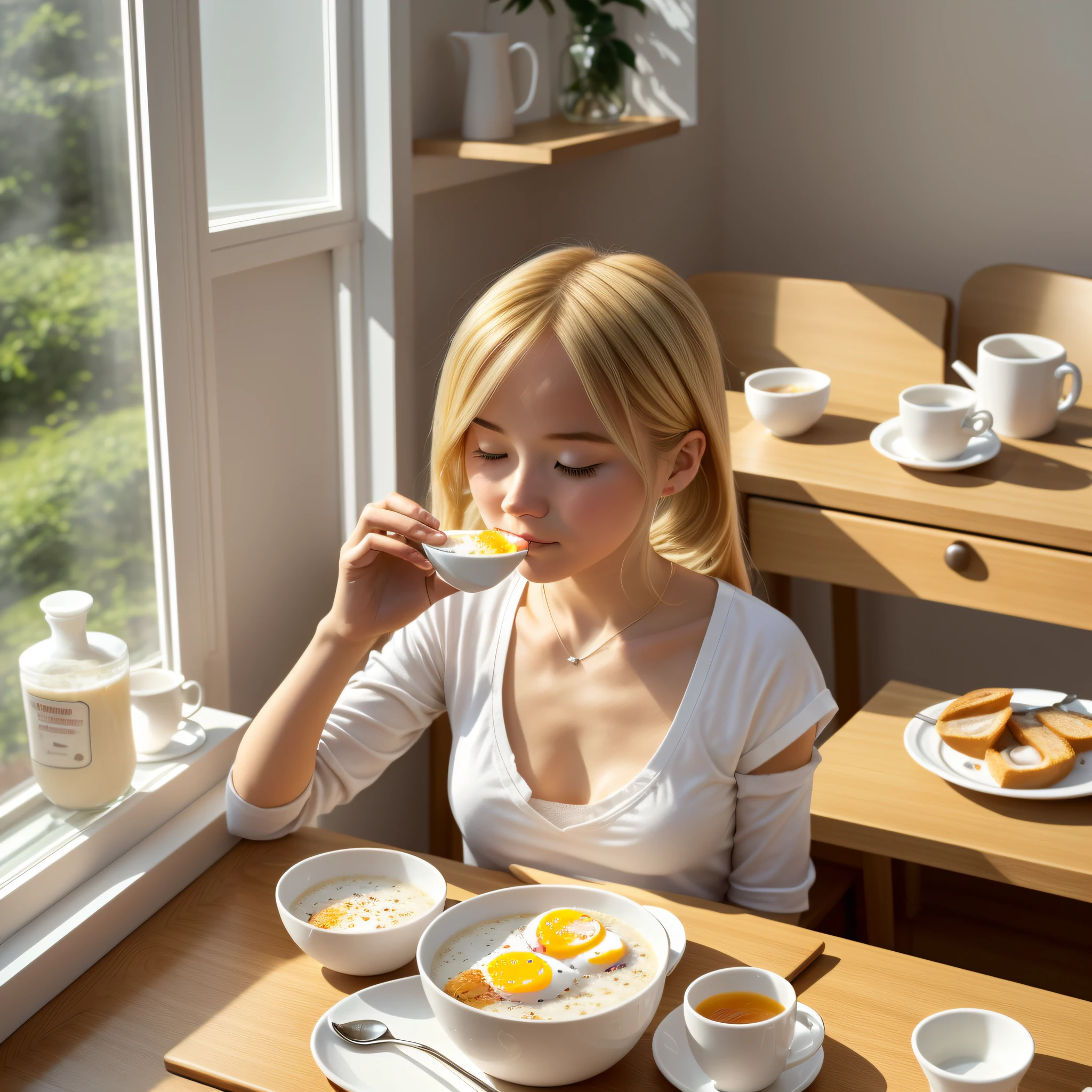 Breakfast scene: 1.2-> The little blonde sister is enjoying breakfast, quietly tasting (fragrant milk + crispy toast + heart-warming egg lean porridge), making simple and beautiful movements, and the real light and shadow set off a warm atmosphere. --auto --s2