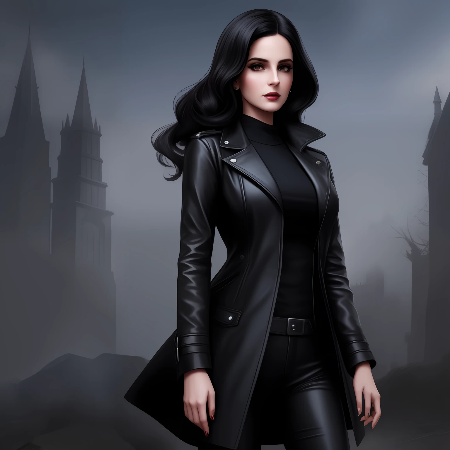 Female detective with black leather coat, black hair, mid night, fantasy style, lana del rey, sexy, action, lovecraft