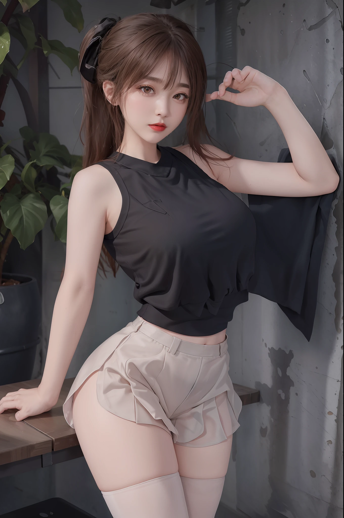 Masterpiece: 1.2, Best Quality), Realism, (Real Pictures, Rich Detail Detail, Depth of Field), (1 Girl, Solo), Makeup, High Detail, Perfect Face Shape, (: 1.4), (Skin Dents), Thick Thighs, Broad Buttocks, Thin Waist Line, High, Coral, Red Lips, Red Eyes, Ponytail (Girls, Tulle Transparent), (Sweat: 1.2), (Wet), Sexy, Blush, (Shy Expression), Suspenders, Tank Tops, Short Skirts, Shorts, Yoga Pants, Tight Short Skirts, Tight Shorts, stockings, fishnet socks, pajamas, pleated skirts, skirts, hip skirts,