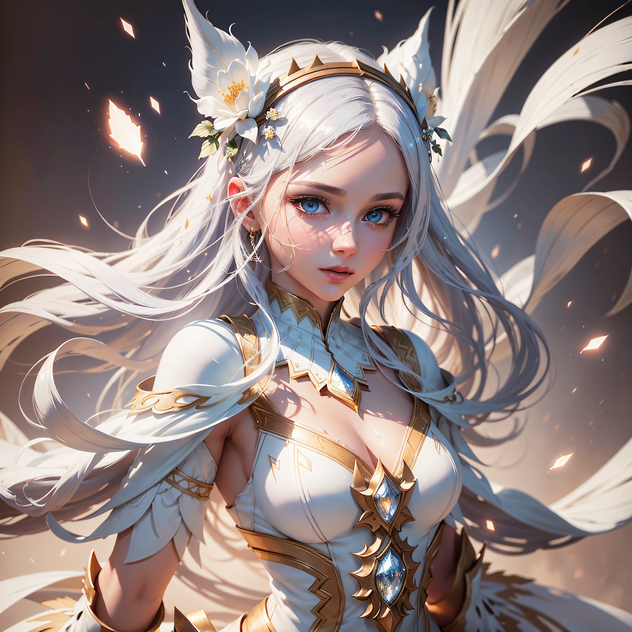 (painting: 1.3) of (detailed illustration: 1.3) A (white costume, beautiful and elegant), light particles, very detailed skin, very detailed eyes, concept artist, global illumination, depth of field, splash art, DeviantArt trend. --auto --s2