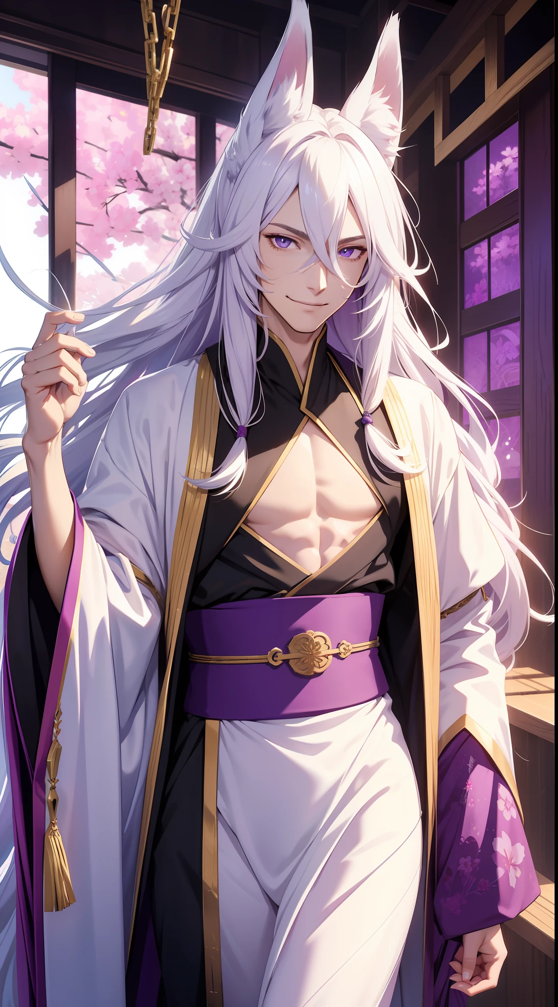 Tall guy, long white hair, fox ears, purple eyes, open kimono, open chest, chains, smile, masterpiece, high quality