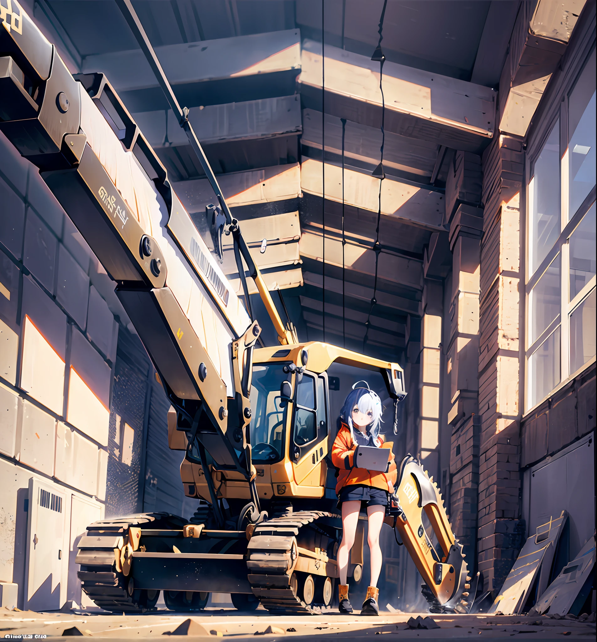 （((Excavator)))）,A Masterpiece、BEST QUALITY、Highly detailed、Unity 8k wallpapers、Big empty、girl 1 person、heavy machinery、Gradient hair、hair between the eyes、Ahoge、age: 16、pretty face、White Niso、