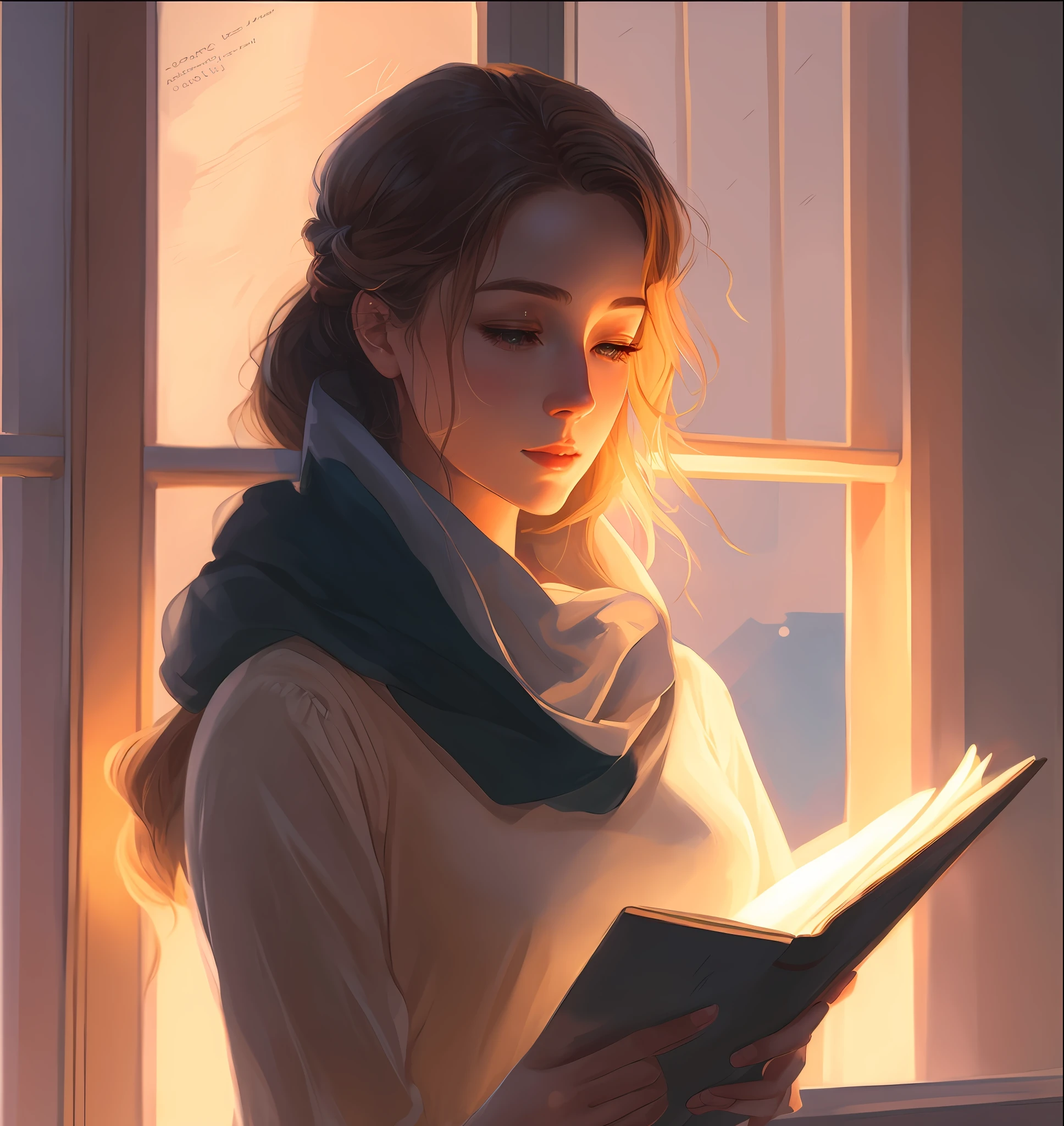 there is a woman reading a book by a window, book portrait, rpg book portrait, beautiful lit, realistic cute girl painting, artgerm and atey ghailan, charlie bowater art style, beautiful illustration, beautiful digital illustration, soft light from the window, reading a book, beautiful character painting, magali villeneuve', lofi portrait at a window --auto --s2