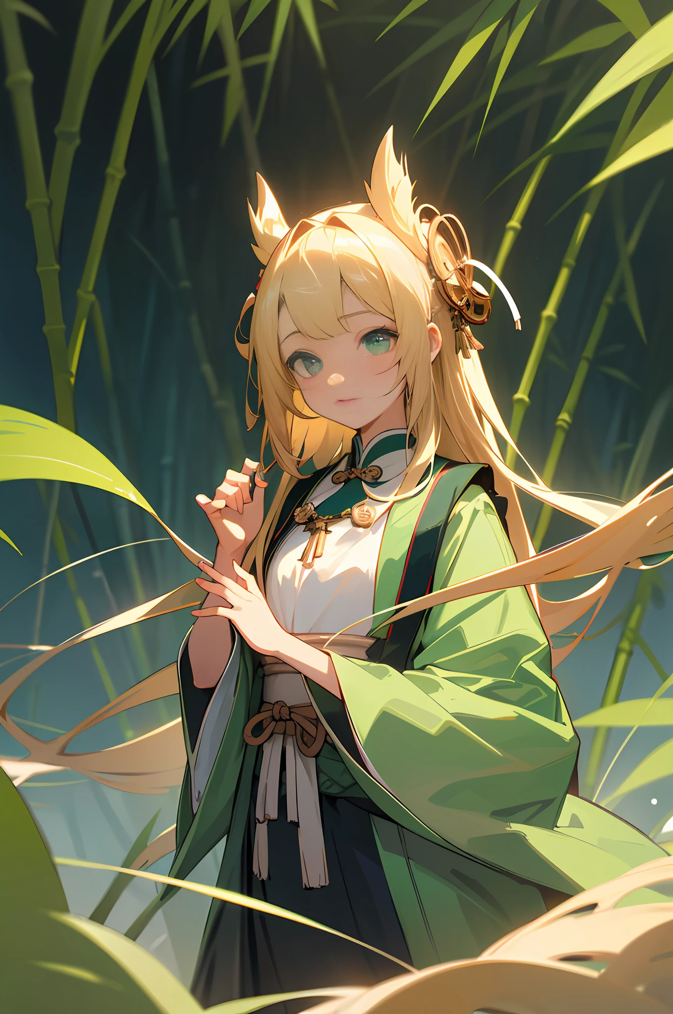 best quality, masterpiece,, illustration, a very disciple and beautiful, very detailed, CG, unified, 8k wallpaper, amazing, fine details, master, best quality, official art, extremely detailed CG unified 8k wallpaper, ridiculous, incredibly ridiculous, huge file size, super detailed, high resolution, rawe very detailed, pretty detailed girl, very detailed eyes and face, beautiful detailed eyes, light on face, 1 girl, chinese clothing, green, flat chest, small chest, hands up, Hand height at chin level, key chain in hand, green bamboo leaves falling in background, blurred bamboo leaves, dynamic blurred bamboo leaves, 1 girl / 3 bodies, poster, full body photo